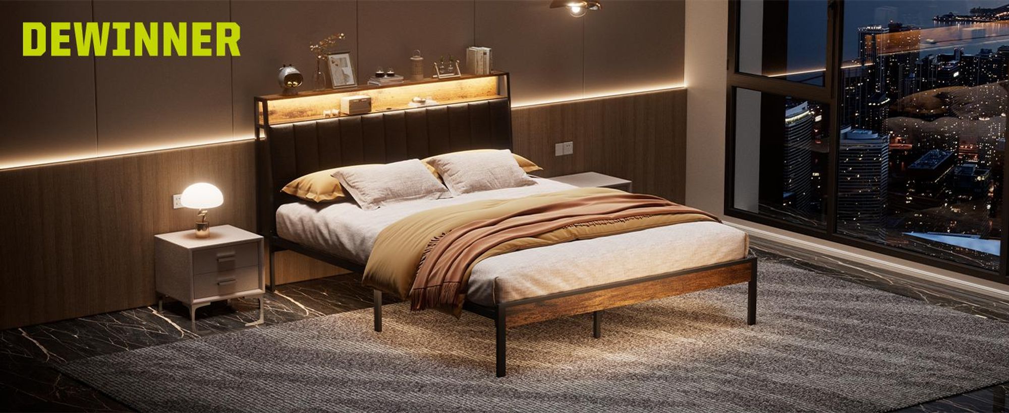 DEWINNER Cadre de lit 160 x 200 avec Sommier en métal, lit 2 Personnes, avec lumières LED et Prises Multiples (1 Prise AC, 2 Ports USB), avec casier