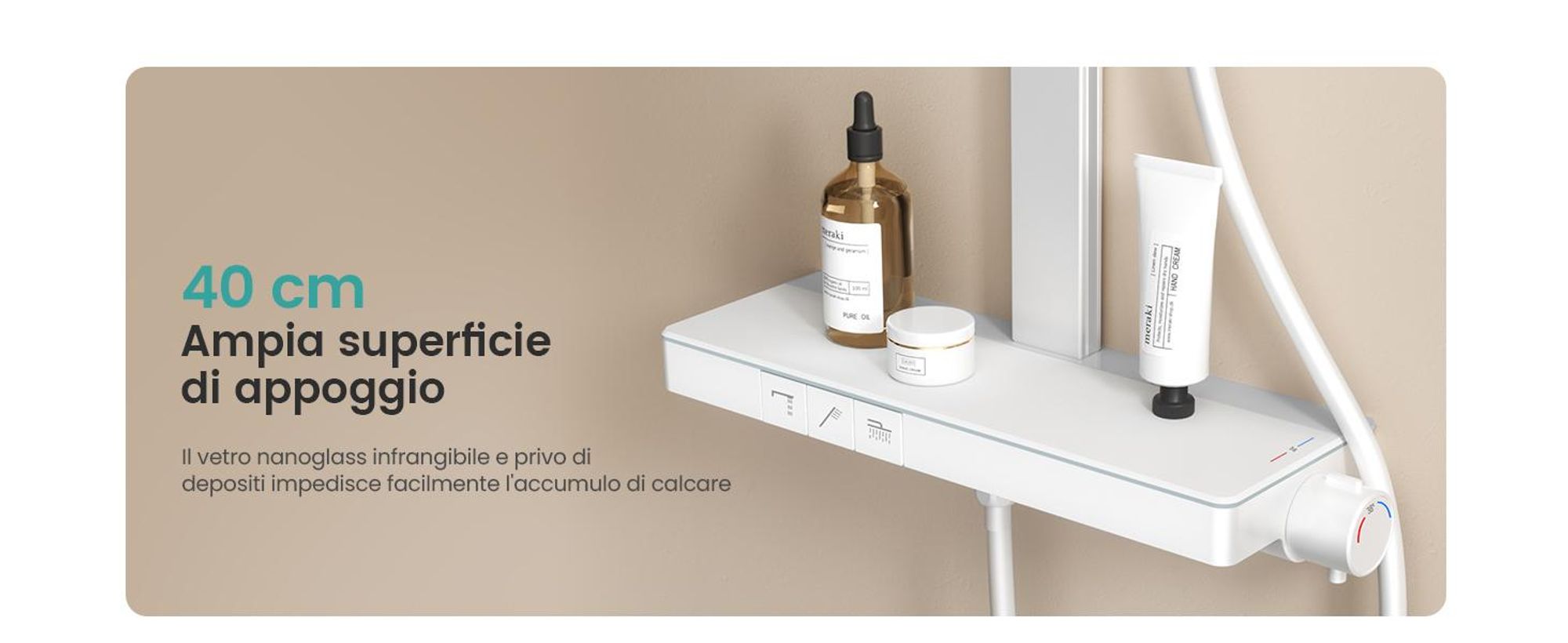 Sistema doccia EMKE con termostato, soffione a pioggia 36x24cm, doccia a pioggia con ripiano in vetro, doccetta con 4 intensità di getto, rubinetteria per vasca e doccia, bianco opaco