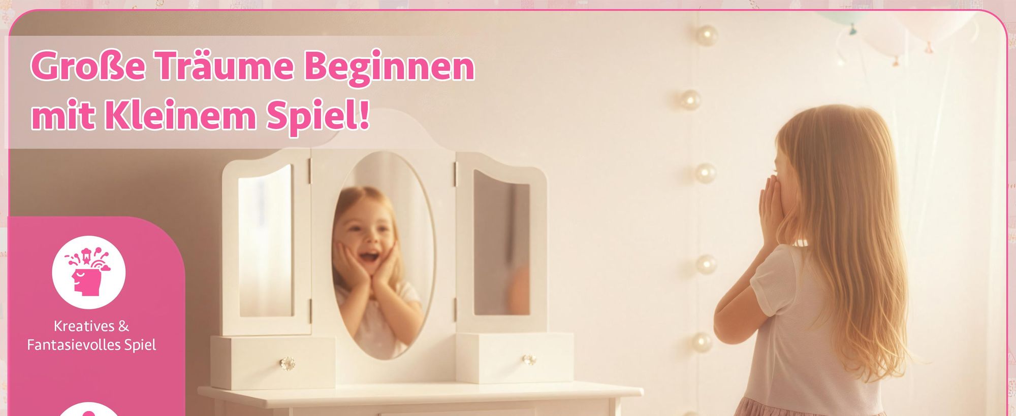 Kinderschminktisch Holz Weiß mit Spiegel & Hocker – Frisiertisch mit 3 Schubladen, Aufklebern & Tattoos, für Mädchen ab 3 Jahren, 60x39x105,5 cm