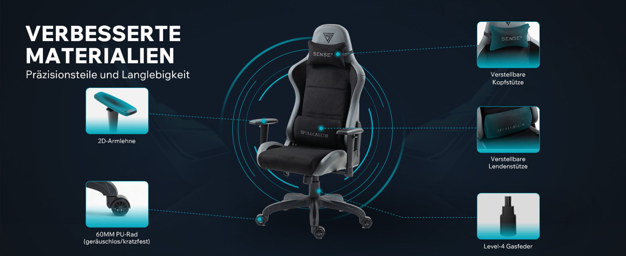 SENSE7 Gamingstuhl Spellcaster FUKU Alcantara Weiß Grau - Ergonomischer Bürostuhl Schreibtischstuhl bis 150kg Wippfunktion Rollen Chefsessel