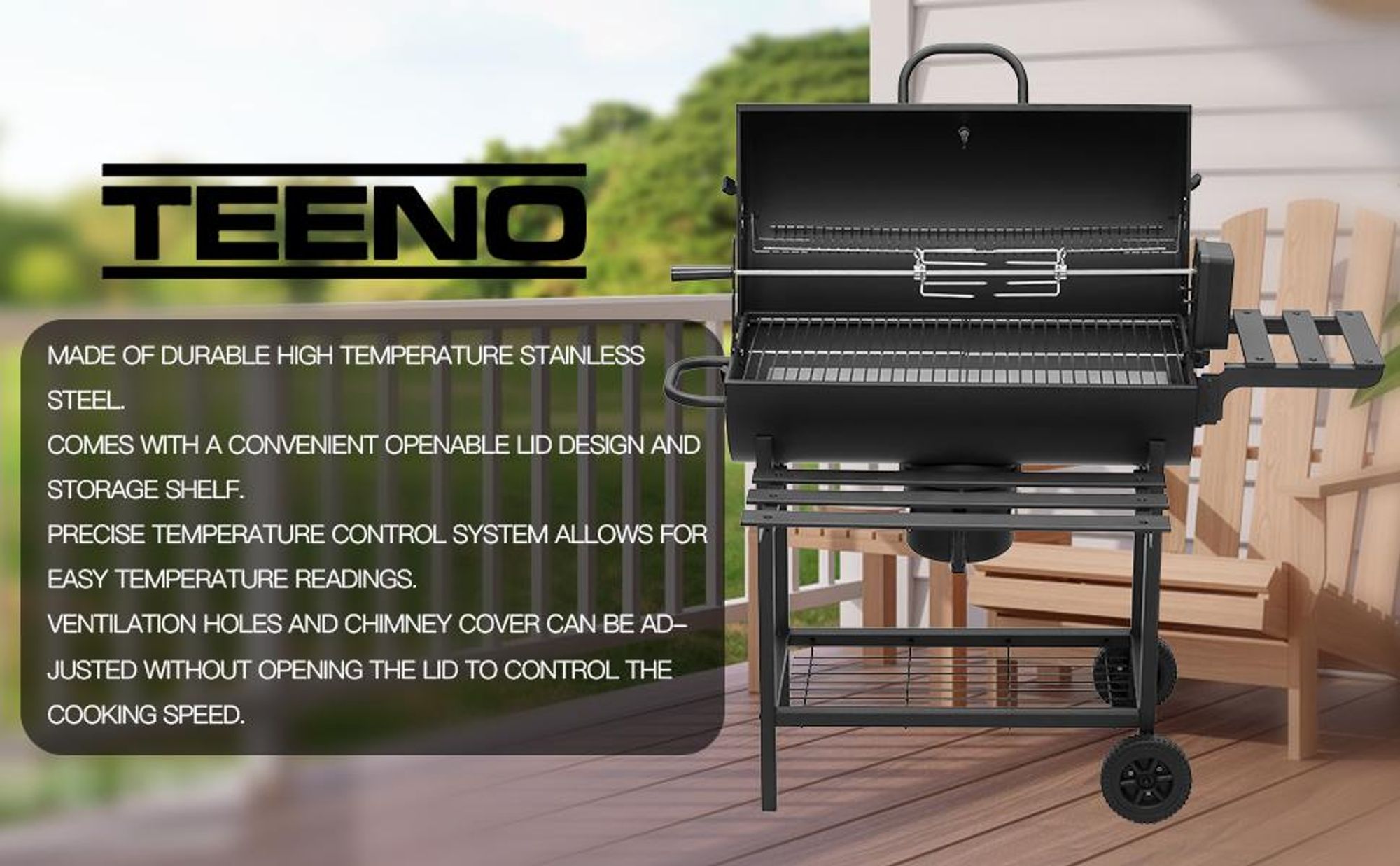 TEENO Drewniany wózek do grilla, grill węglowy XXL z pokrywą, termometrem, szufladą na popiół, rękawicami chroniącymi przed poparzeniem, Aktualizacja