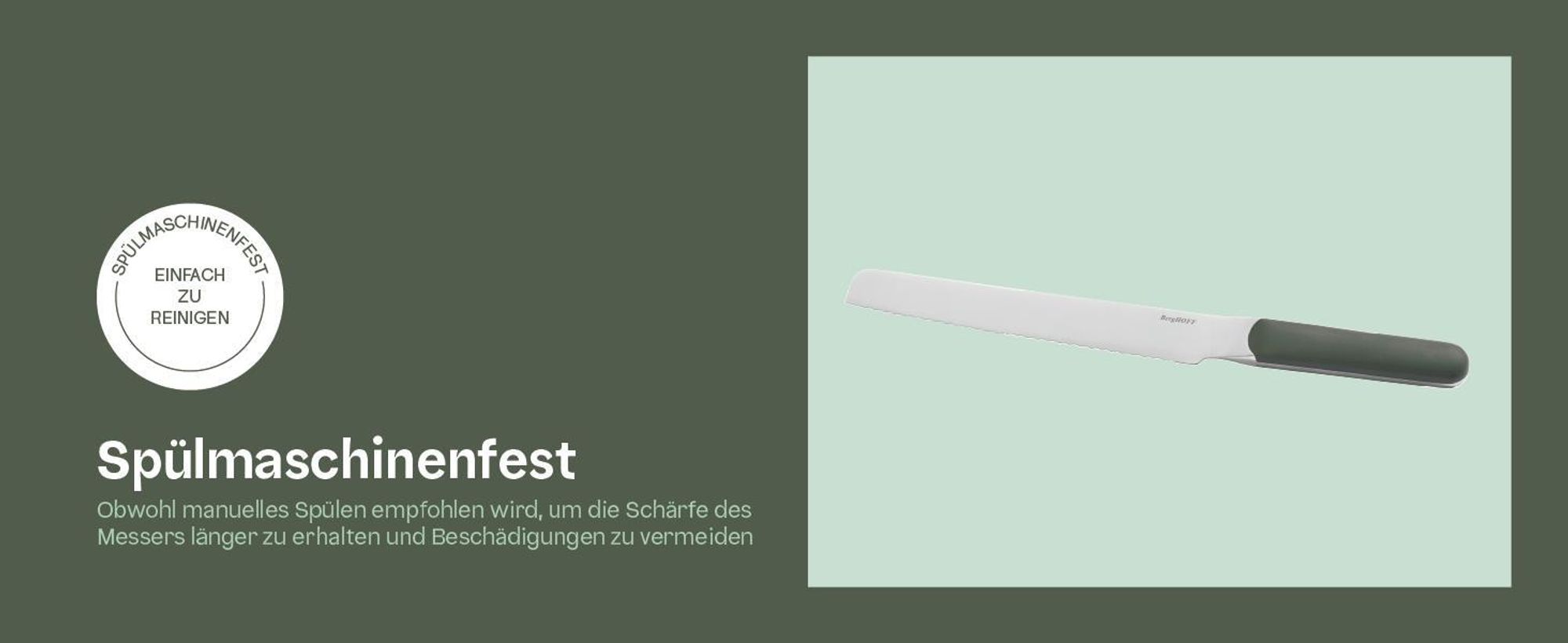BergHOFF Home Elements Brotmesser 21 cm, Wellenschliff, Edelstahlklinge, für Brot Kuchen Melone, Khaki