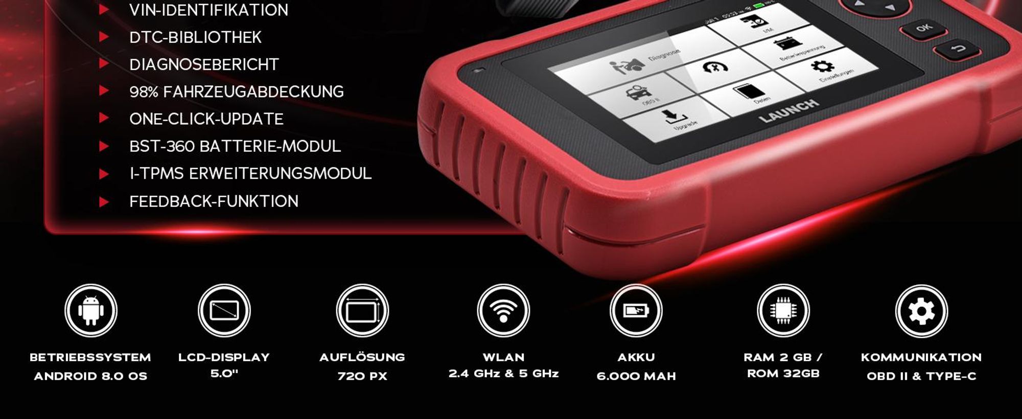 LAUNCH Europe CRP 129 EVO+ V3 OBD2 Diagnosegerät Auto, 4-Systeme Motor/ABS/SRS/Getriebe, 13 Servicefunktionen, Android, WLAN 2.4&5 GHz, CAN FD & DoIP