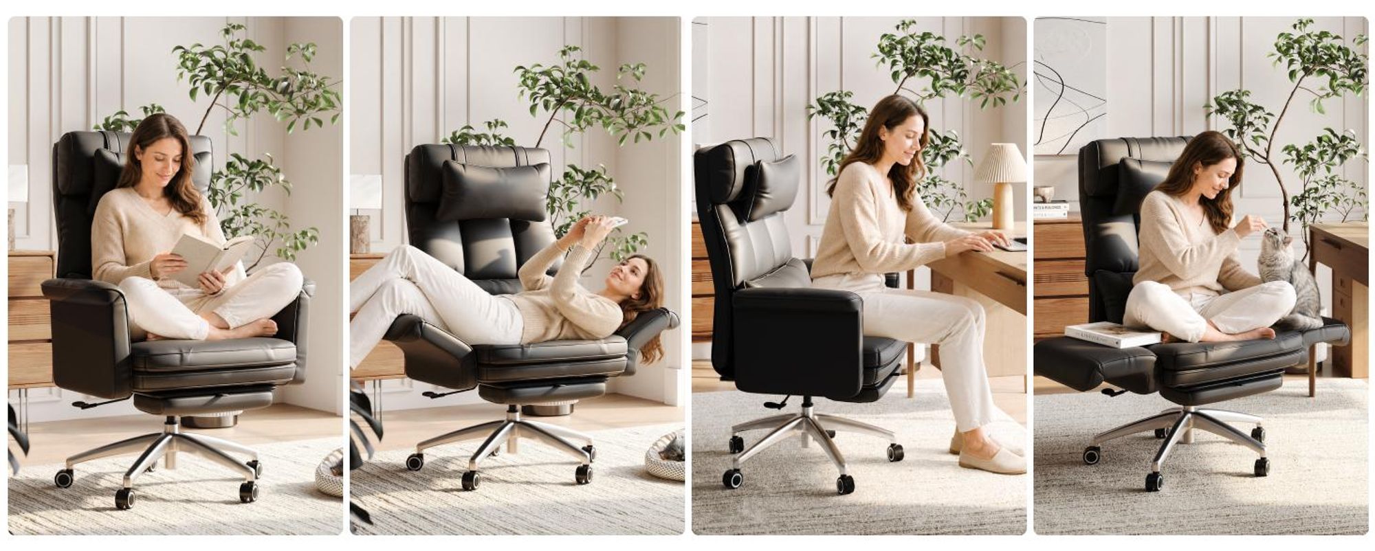 FLEXISPOT Ergonomischer Bürostuhl, 180° klappbare Armlehnen, aus kratzfestem Kunstleder, höhenverstellbare Kopfstütze, 90–130° verstellbar, Schwarz