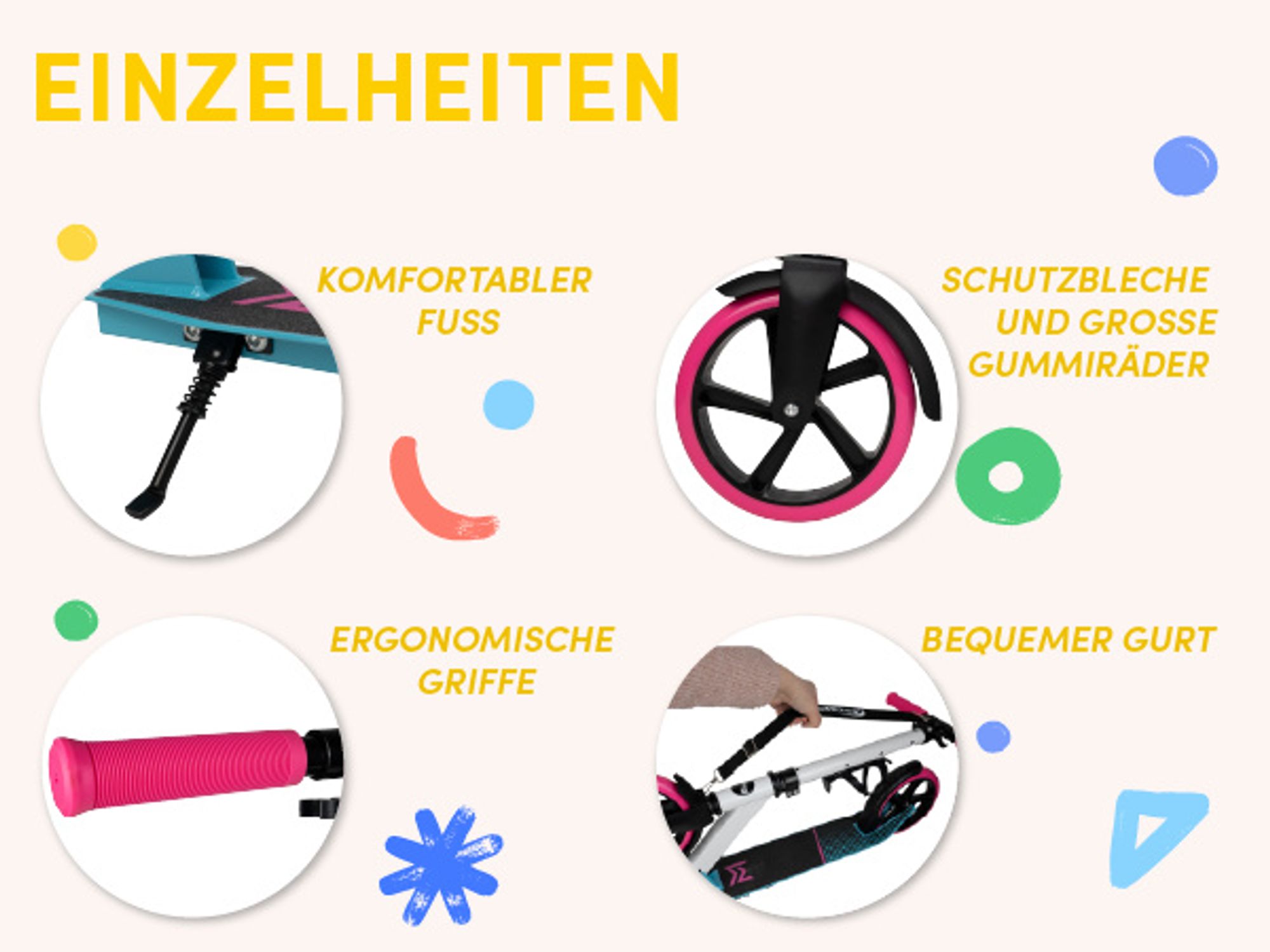 Roller Cityroller für Kinder mit Tragegurt, Bremsen und Flaschenhalter