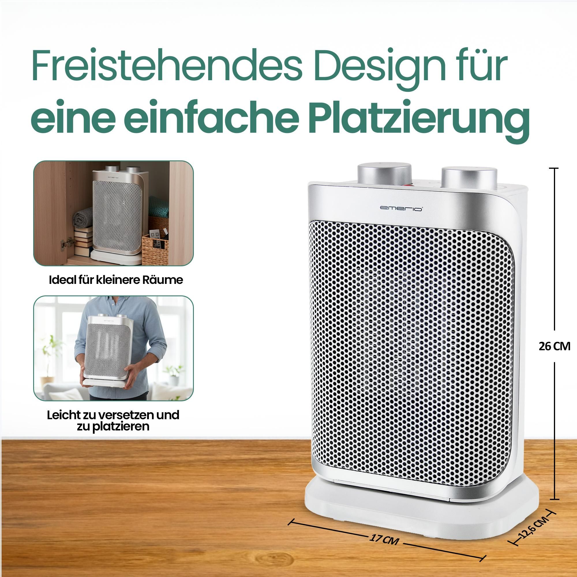 Emerio Heizlüfter FH-110691.4 – für Räume bis 15 m² – IP21 – PTC-Heizelement – 2 Heizstufen – Einstellbarer Thermostat – Oszillierend – Ventilatorfunktion – Kippschutz