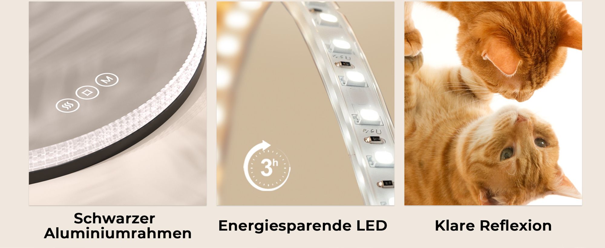 EMKE LED Badspiegel Rund 60cm mit Beschlagfrei und 3 Lichtfarben, schwarz Badezimmerspiegel dimmbar Wandspiegel mit Touchschalter, Speicherfunktion