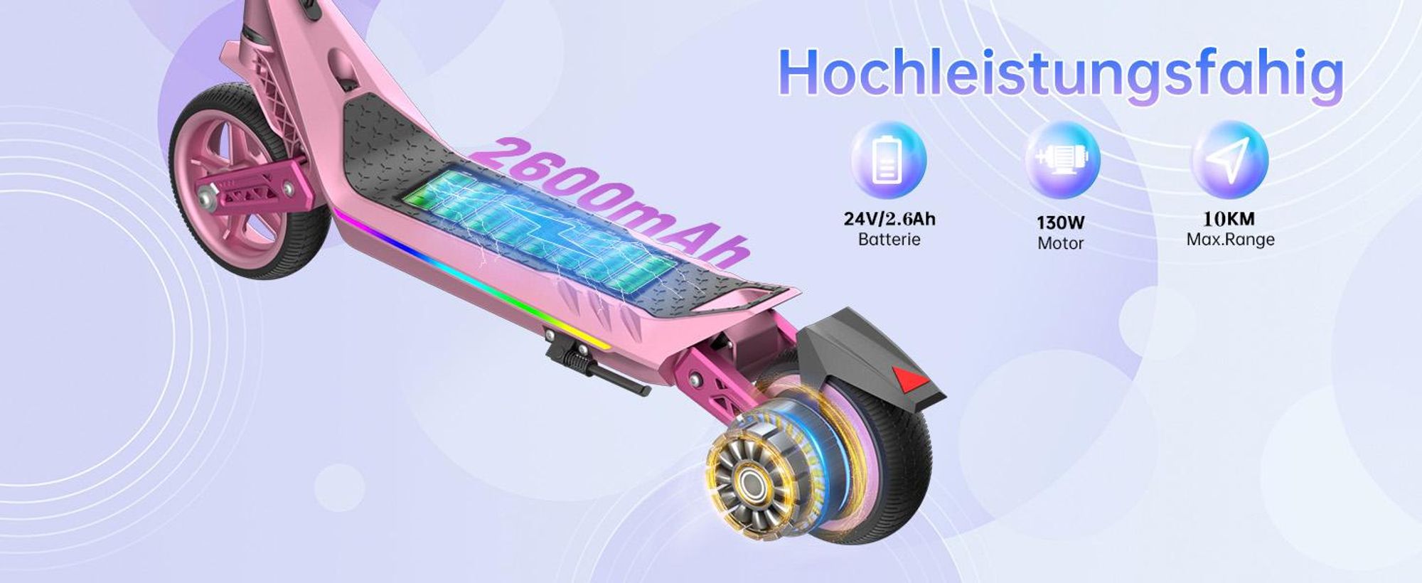 U8 Elektroroller Kinder Rosa Mit 130W Motor, 10km Reichweite