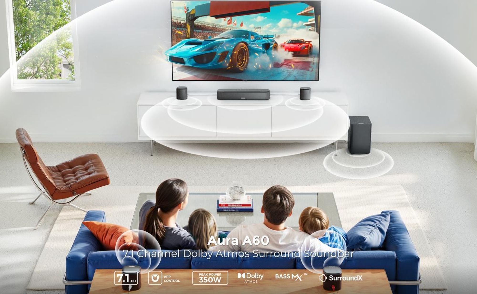 Ultimea Aura A60, 7.1 kan., 350 W, Dolby Atmos, Gra, Film, Muzyka, Noc, Sport, Głos, 98 dB, 75 dB