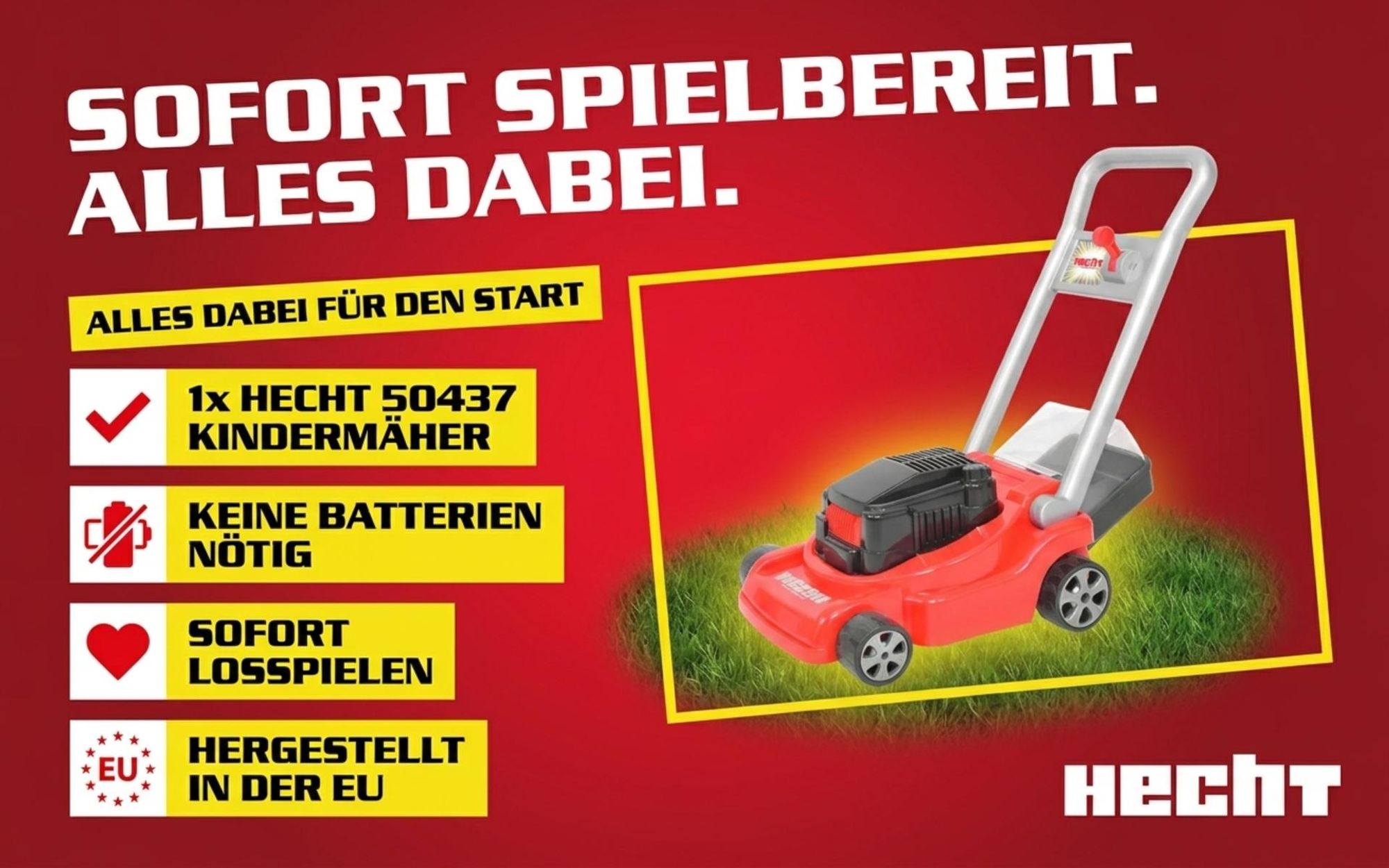 Kinder Rasenmäher Spielzeug HECHT 50437 | Wirbelnde Perlen-Fangkorb | Ohne Batterien | 52 cm Griffhöhe  EU