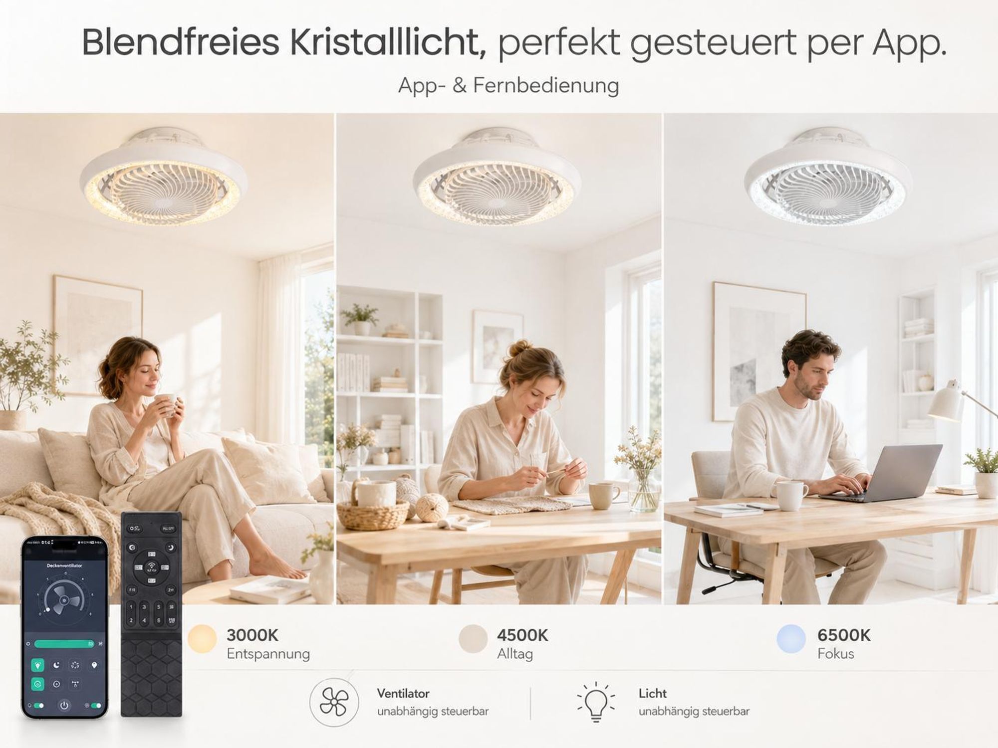 Deckenventilator mit Beleuchtung Fernbedienung APP,38W Lampe mit Ventilator Dimmbar 6 Geschwindigkeiten 3 Lichtfarben Φ49cm Leise für Zimmer Büro