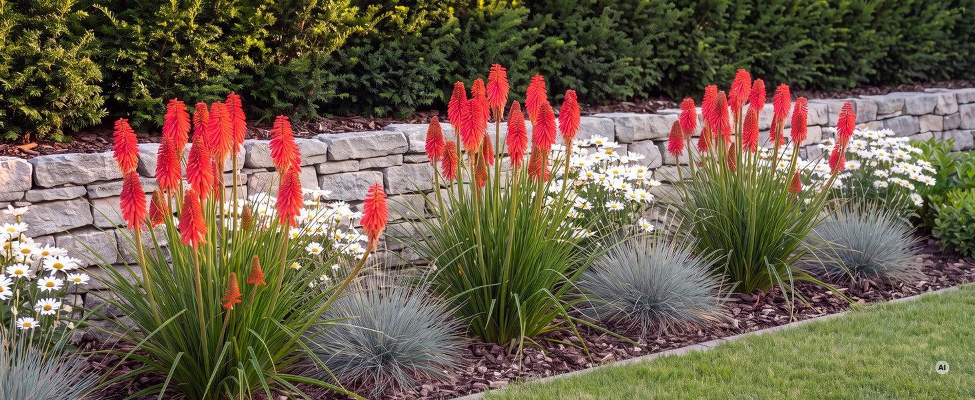 Blühende Kniphofia 'Redhot Popsicle' vor einer Natursteinmauer