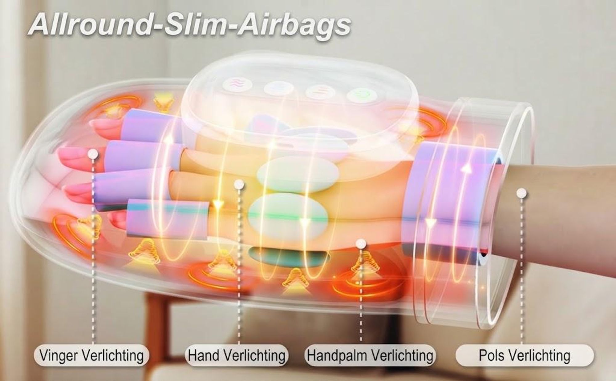 Intelligente handmassageapparaat met warmte- en compressiefunctie. 3 massageprogramma's, 4 temperatuurinstellingen, 5 compressiemodi. Therapeutisch