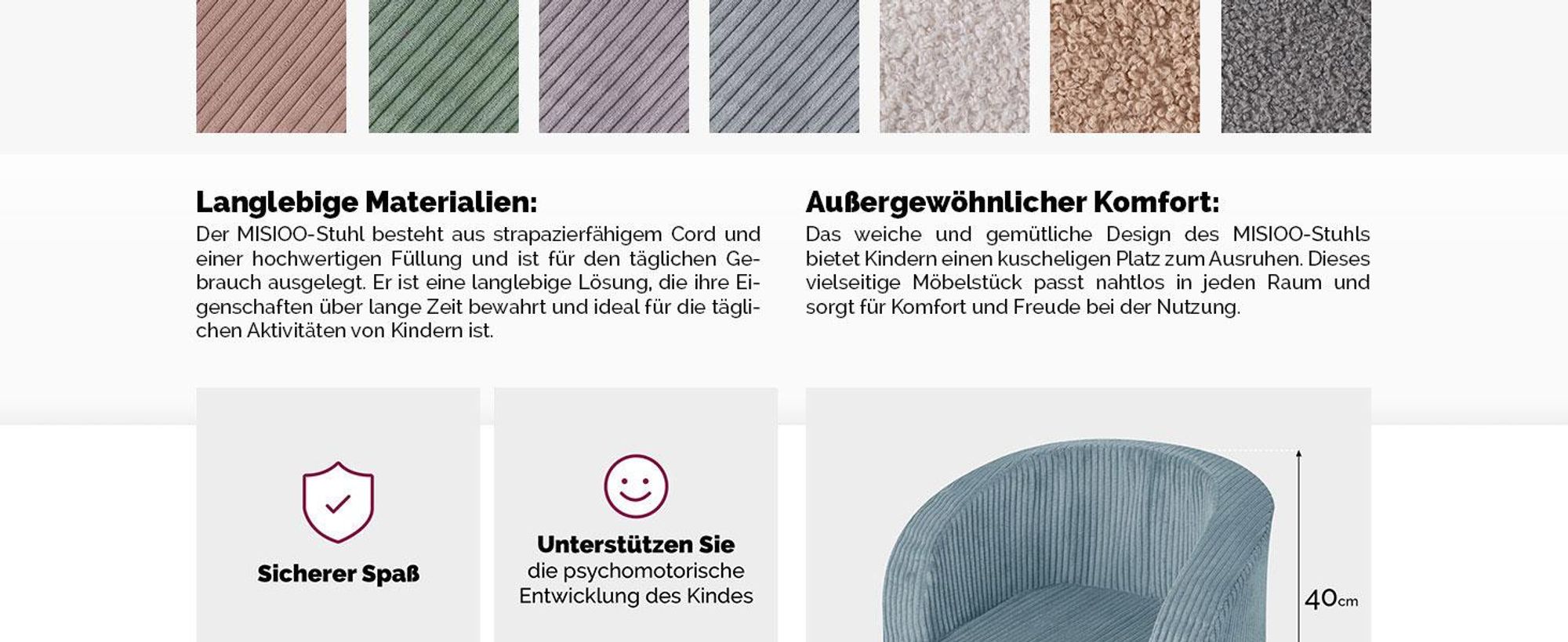 MISIOO Kindersessel Ab 1 Jahr – Corduroy Premium Sessel Kinder - Stabil Und Weich - Ergonomisch Gepolstert - 40x53x36 cm