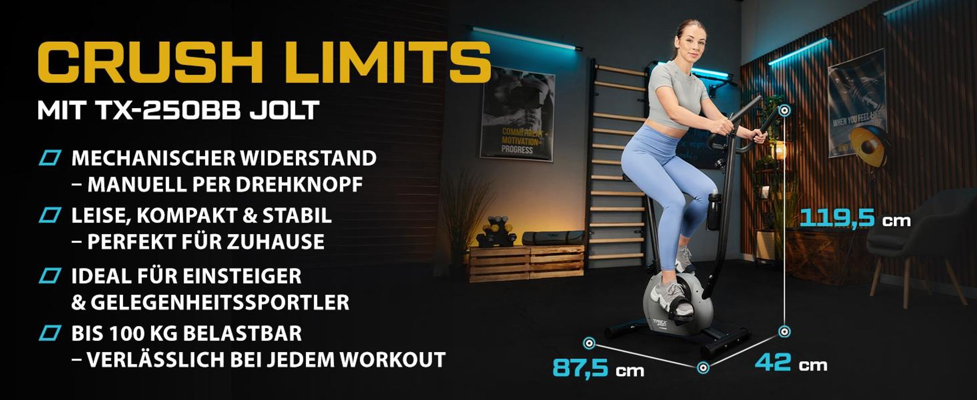 TREX SPORT Heimtrainer Fahrrad TX-250MB JOLT | Mechanisches Fitnessbike | Fahrrad für zuhause bis 100kg mit Pulssensor, 5 Sitzhöhen, stabil | Grau