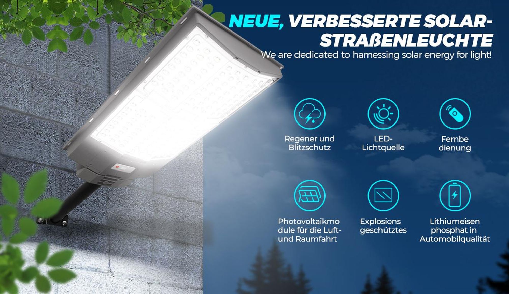 2000W Solar Straßenlaterne LED Straßenlampe Solarleuchte mit Bewegungsmelder