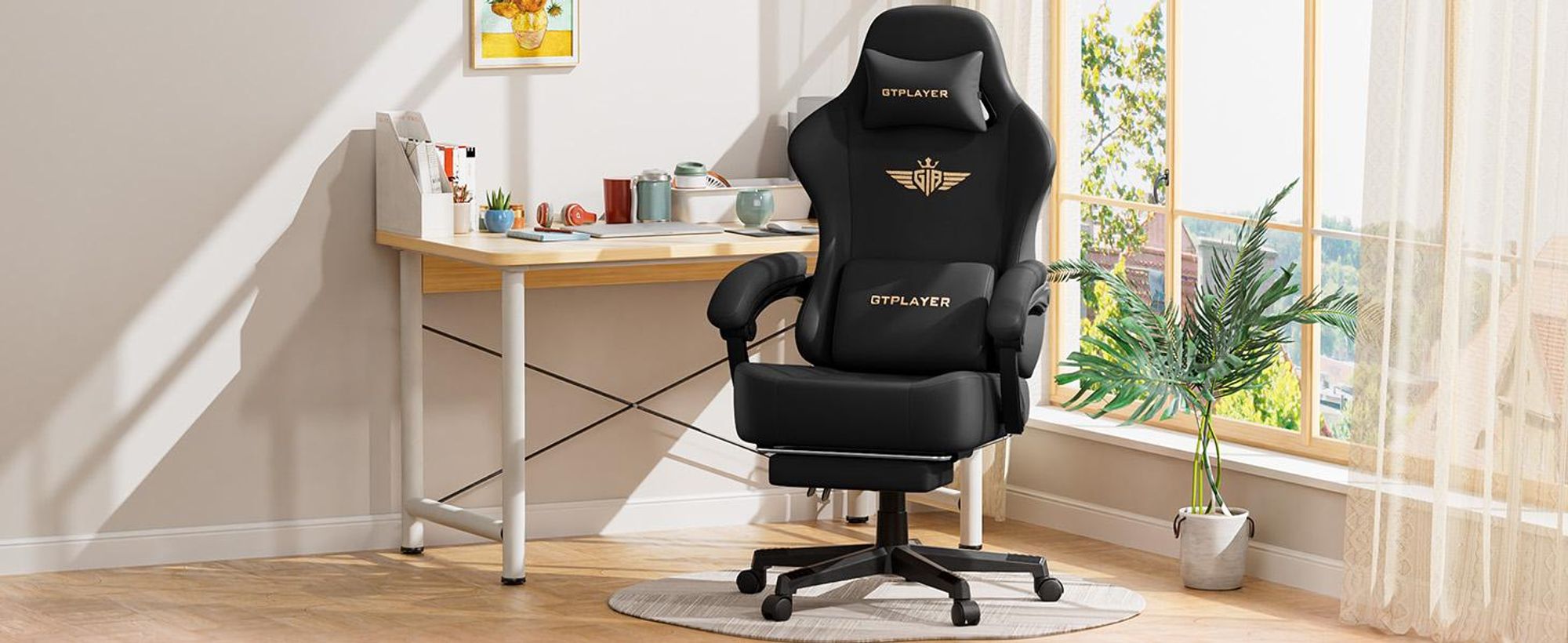 GTPLAYER Gaming Stuhl Ergonomischer Gaming Sessel Schreibtischstuhl Bürostuhl mit Kunstleder Federsitzkissen, Verbindungsarmlehnen, mit Fußstütze