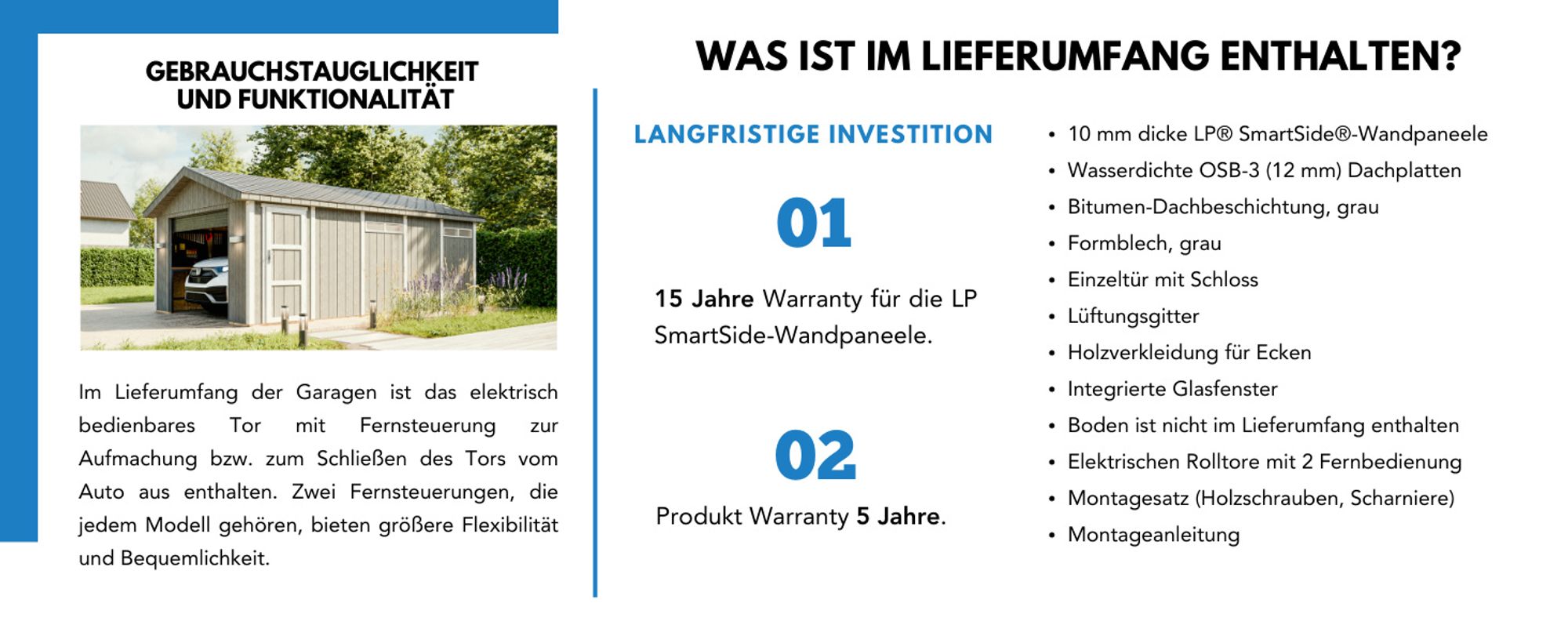Garage  21 m²- L378xB648 cm- Garage für Autos, Motorräder, Fahrräder - Konstruktion aus LP Smartside-Panels - Timbela M992B