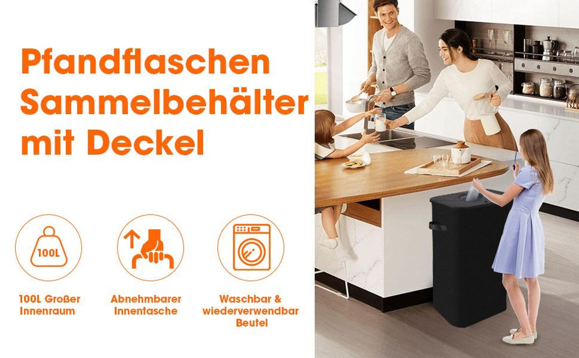 Pfandflaschen Sammelbehälter mit Deckel, 100L Groß Pfandflaschen Aufbewahrung, mit 2 Tragetasche, für Pfandflaschen Aufbewahrung & Leergut