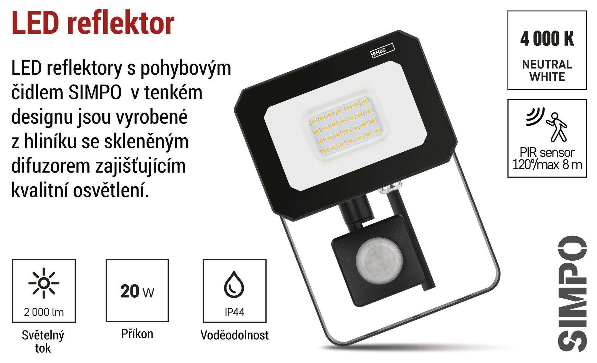 EMOS LED reflektor SIMPO s pohybovým čidlem, 20 W, černý, neutrální bílá, ZS2323
