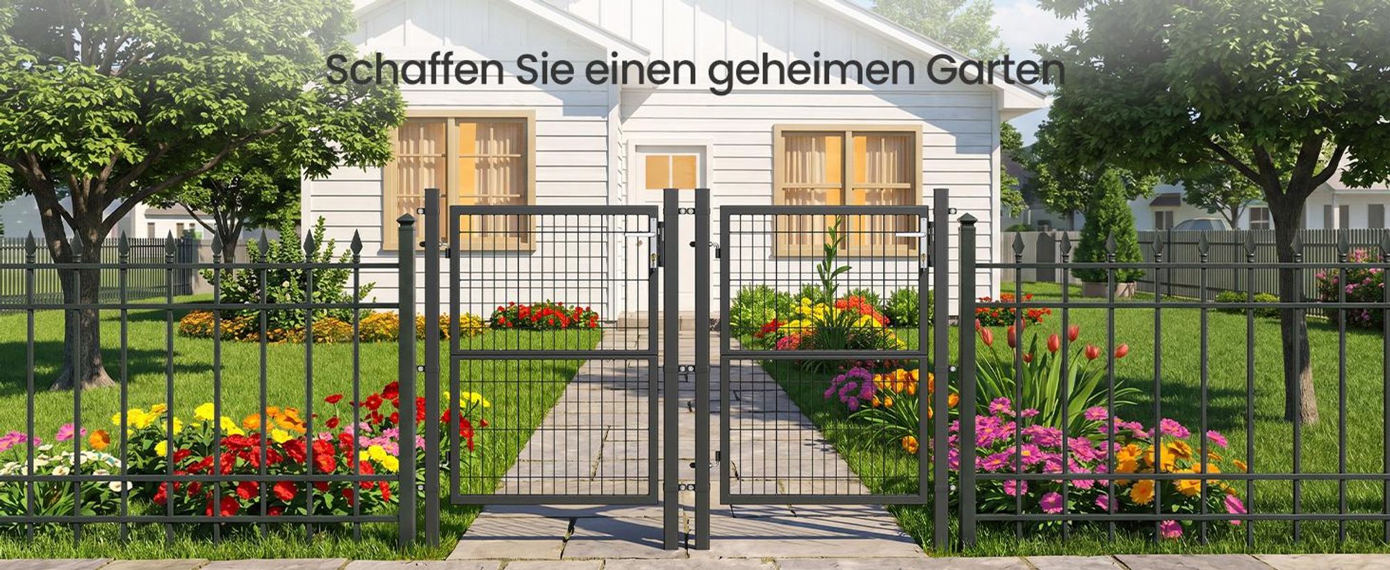 SONGMICS Gartentor mit Schloss, Türklinke, Schlüssel, 106 x 125 cm (L x H), grau