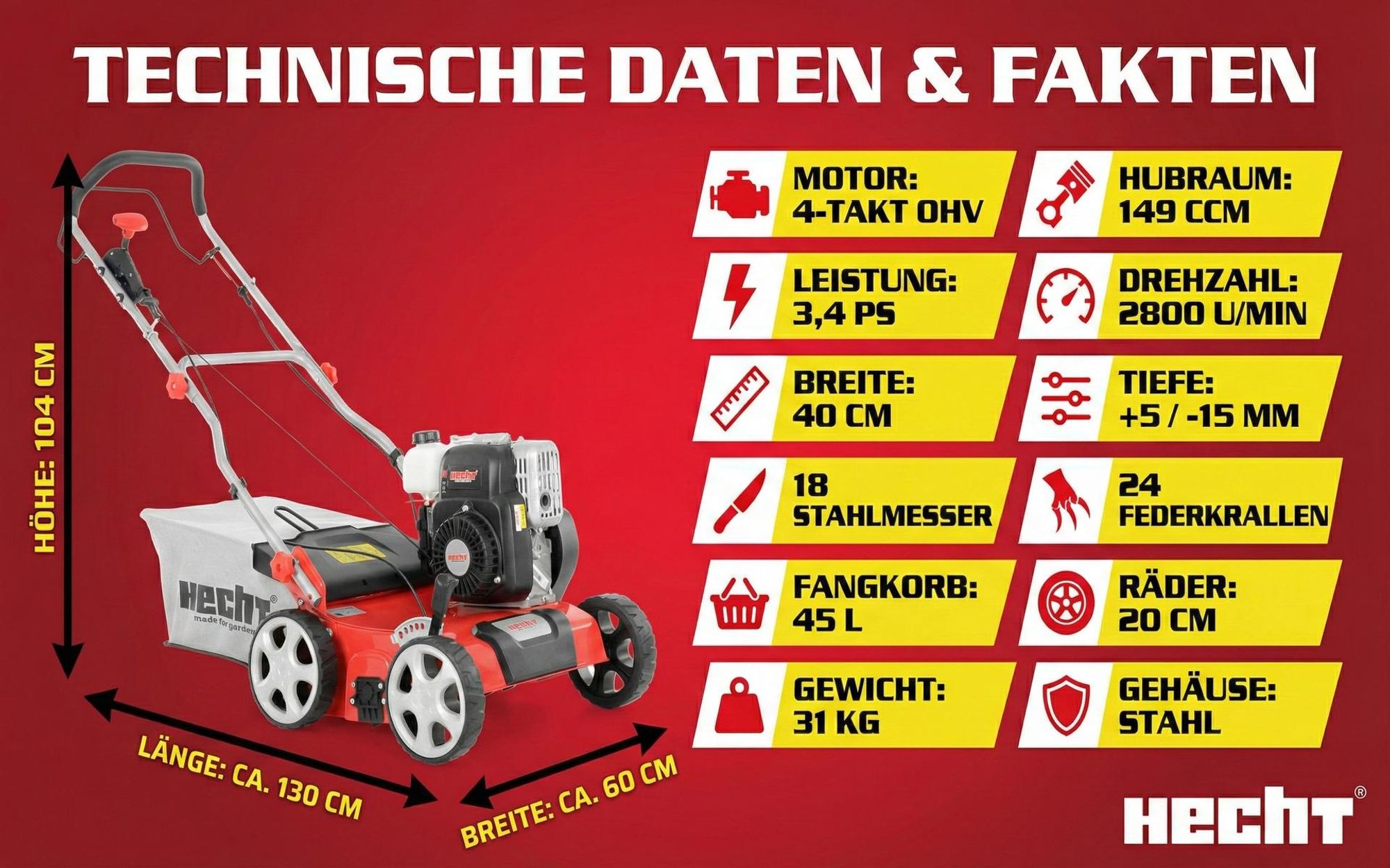 HECHT 5641 Vertikutierer Benzin | 2in1 Rasenlüfter | 40 cm Arbeitsbreite | 5,5 PS | 45L Fangkorb | 18 Messer | 24 Krallen