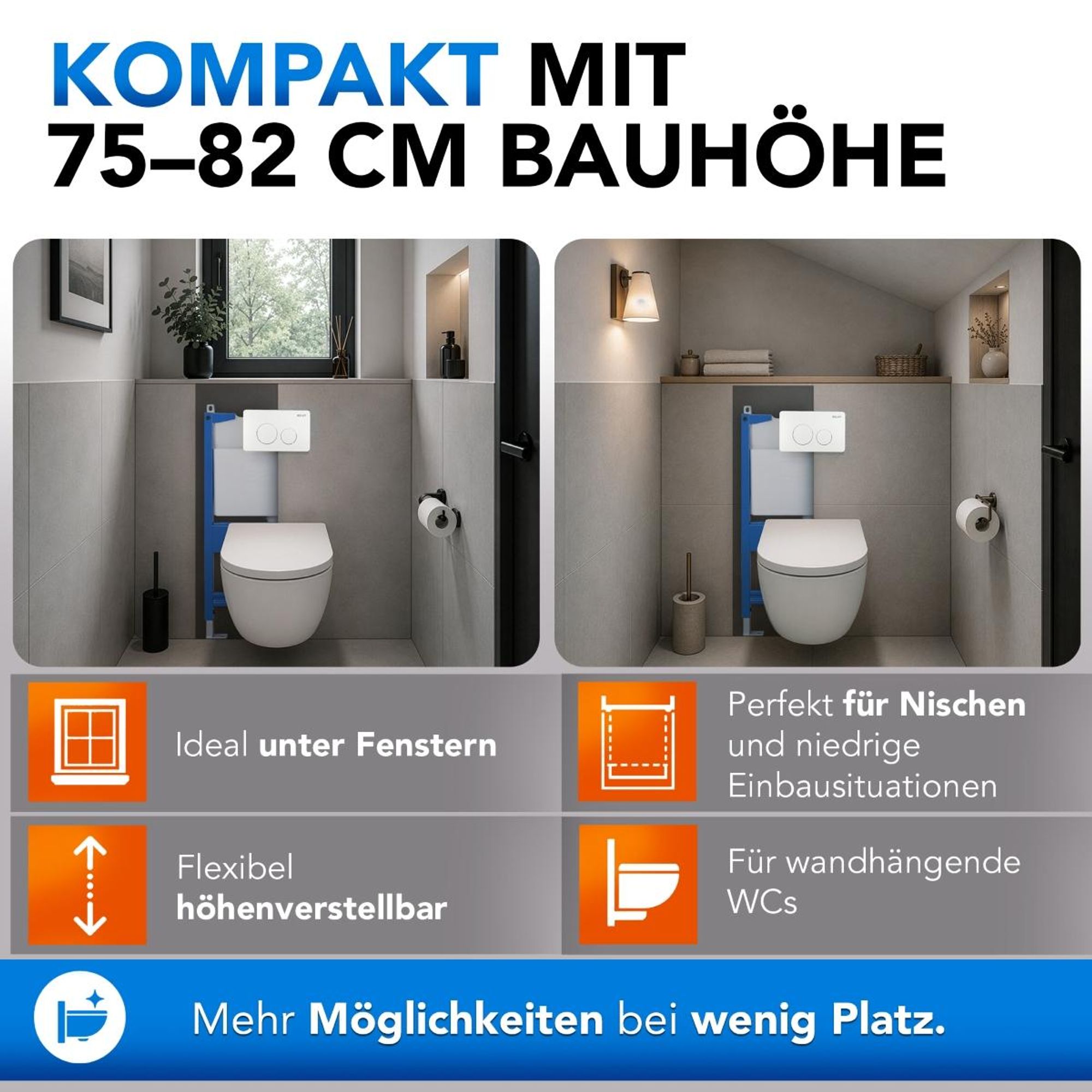 BELVIT Vorwandelement 75-82 cm für WC Trockenbau inkl. Spülkasten und Drückerplatte