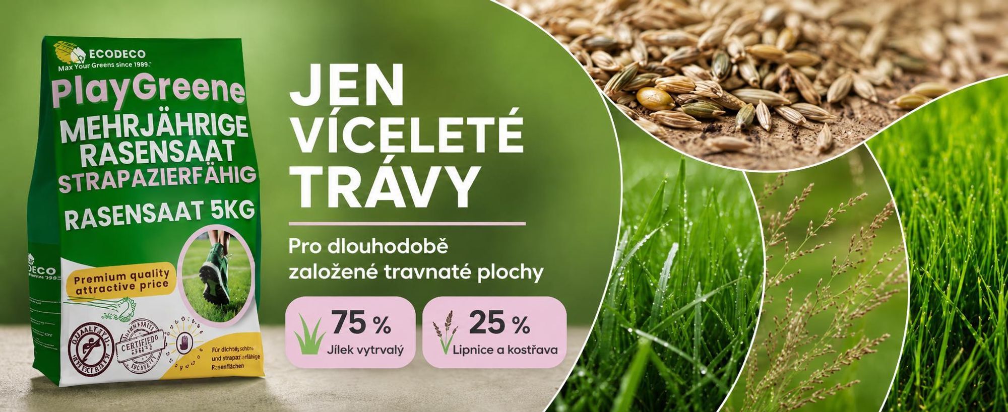 EcoDeco travní semena univerzální, odolná vůči sešlapu, samohustící směs 5 kg pro zahradu a sportovní trávníky
