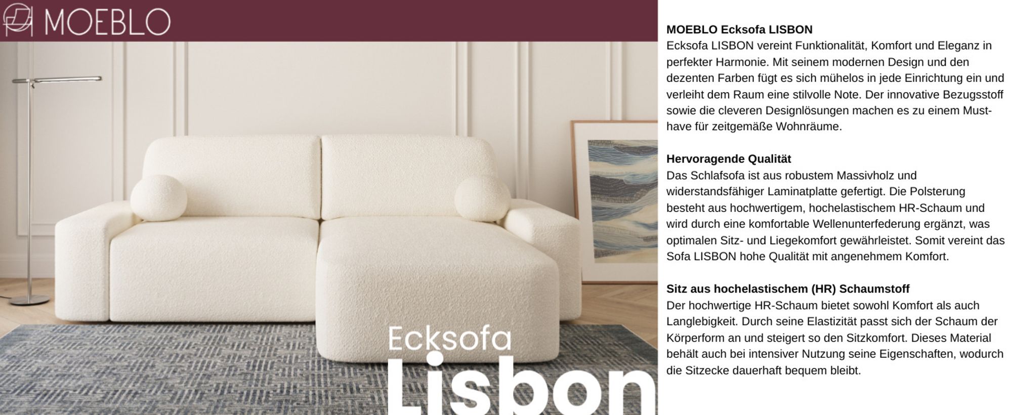 MOEBLO Ecksofa Lisbon – Ottomane beidseitig montierbar, Ecksofa aus Bouclé, Couch für Wohnzimmer, Schlafsofa Sofagarnitur Sofa Eckcouch L-Form, mit Bettkasten und Schlaffunktion - Creme (Anthology 20)