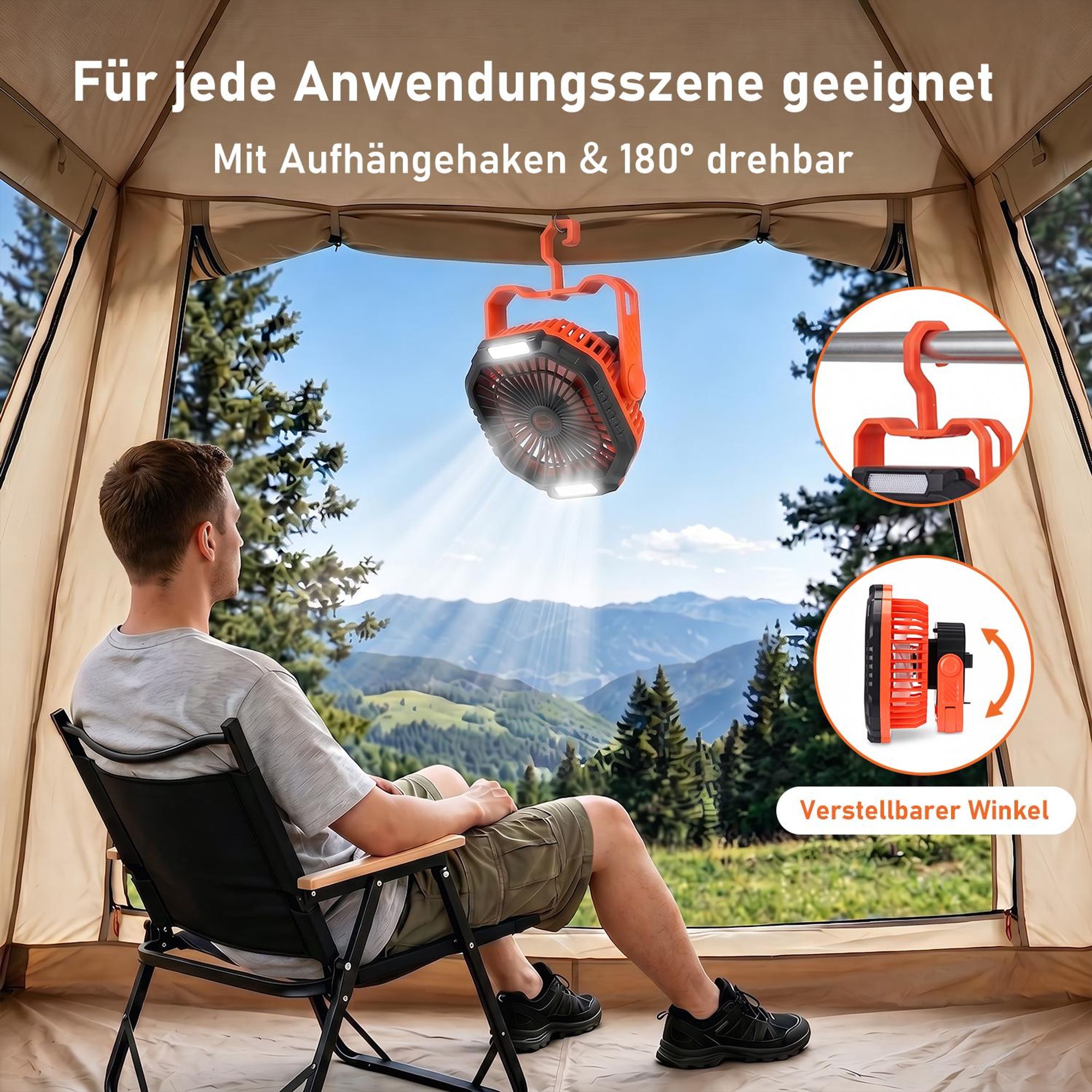 Tischventilator Campingventilator mit Licht und Fernbedienung USB-C aufladbar mit 4 Windstufen und 3 Lichtmodi