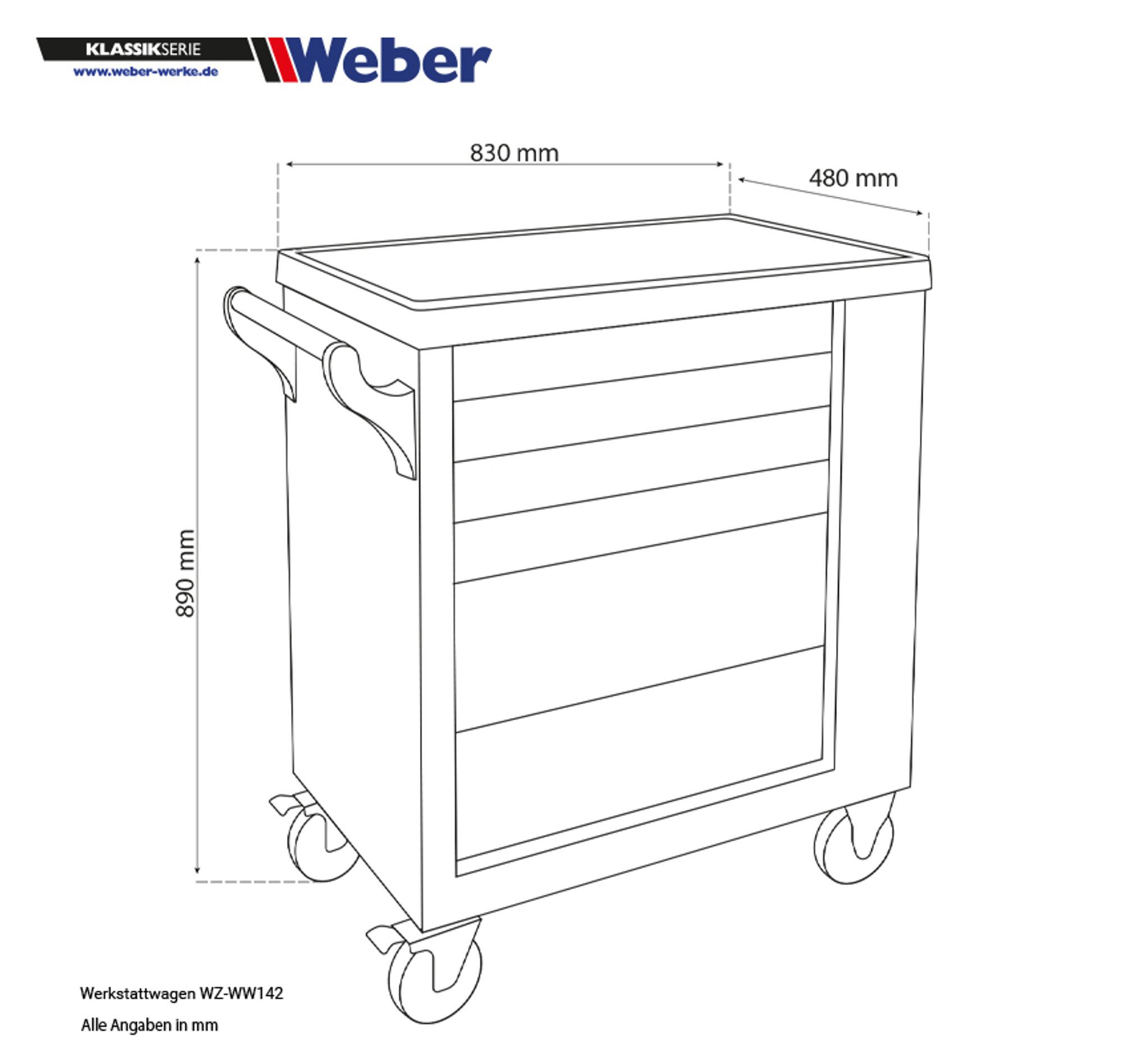 Weber Mobiler Werkstattwagen 154-teilig mit 6 Schubladen von 4 mit Werkzeug bestückt mit Rollen Rollwagen schwarz / rot Werkzeugwagen