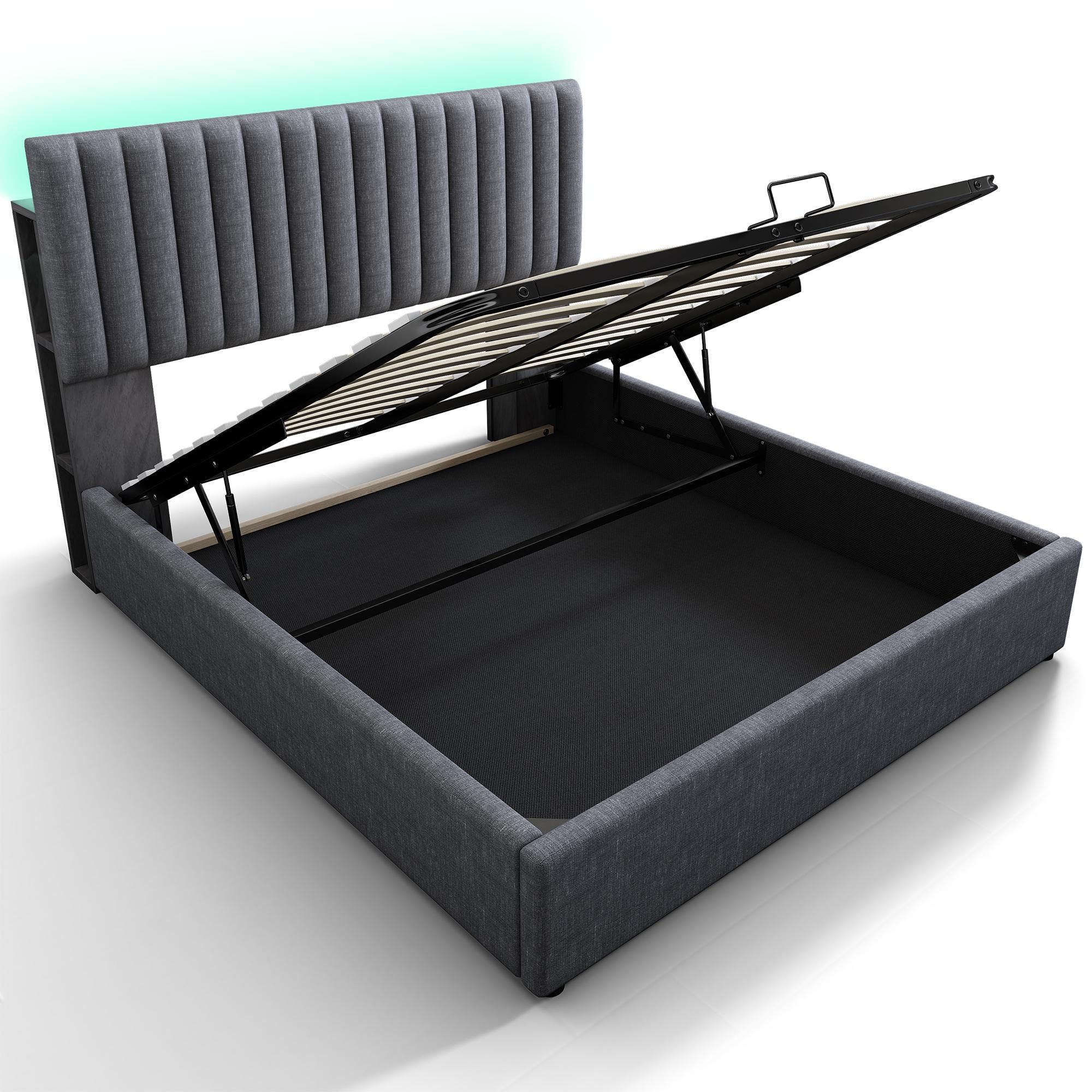 Flieks Polsterbett 140x200cm mit USB und Typ C, Stauraumbett Boxspringbett mit LED, Jugendbett Doppelbett mit Lattenrost, Funktionsbett, Leinen, Grau