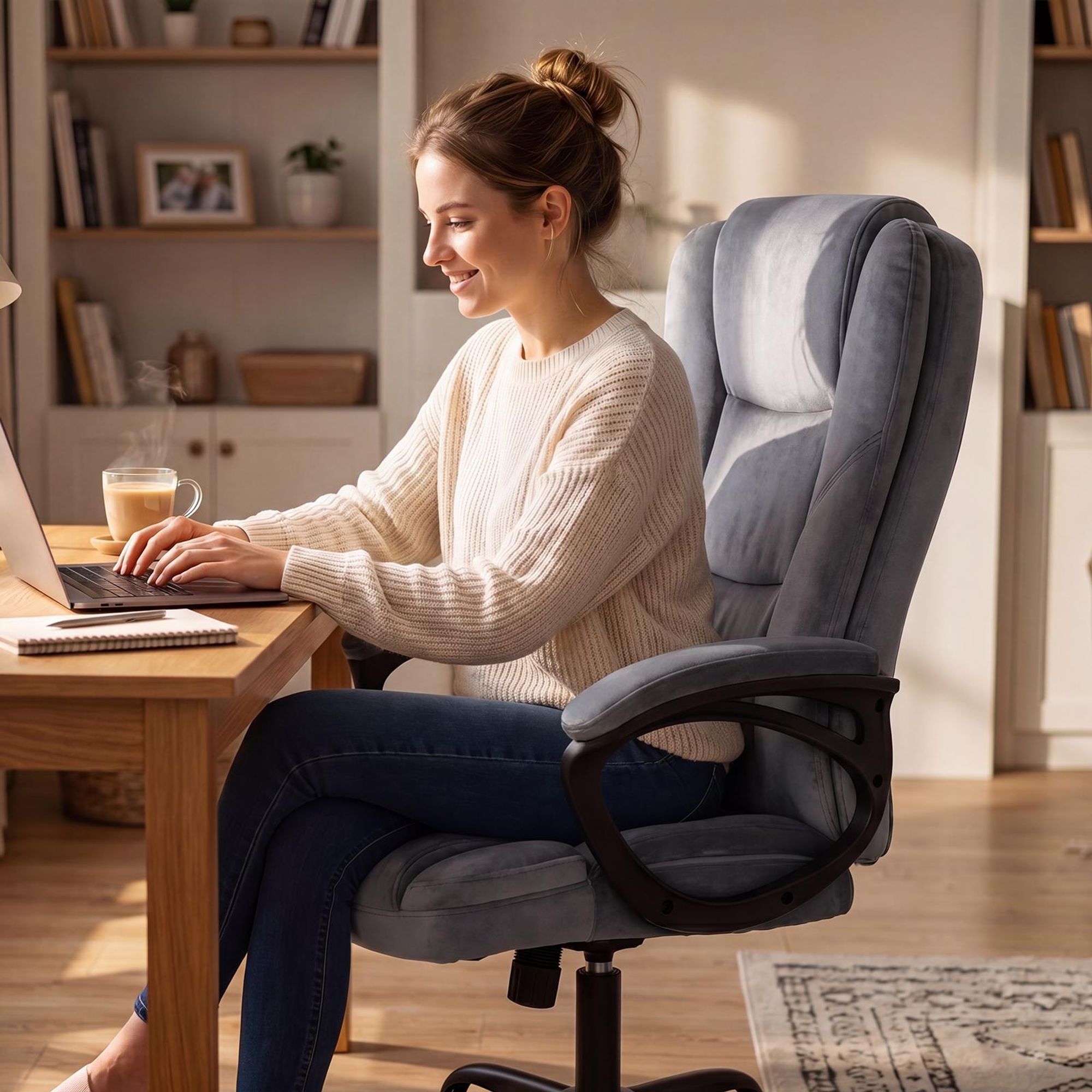 Grauer Samt-Bürostuhl für komfortables Arbeiten am Schreibtisch im Homeoffice