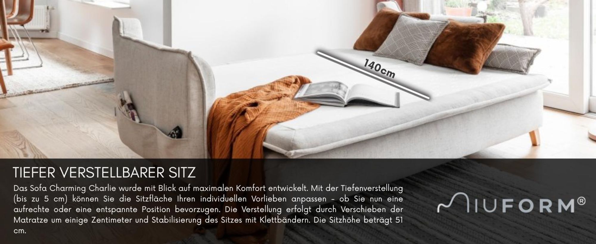 MIUFORM Charming Charlie Slim - Sofa mit Bettfunktion und Bettkasten - 225x90cm - Beige - 3-Sitzer Schlafsofa