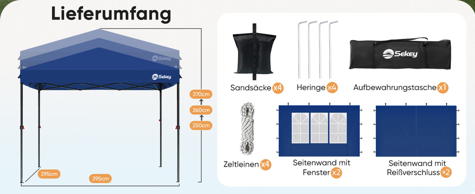 Sekey Faltpavillon 3x3 mit 4 Seitenwänden und mit 4 Sandsäcke, Wasserdicht Pop Up Pavillon für Camping, Festival, Events, Picknicks, Dunkelblau