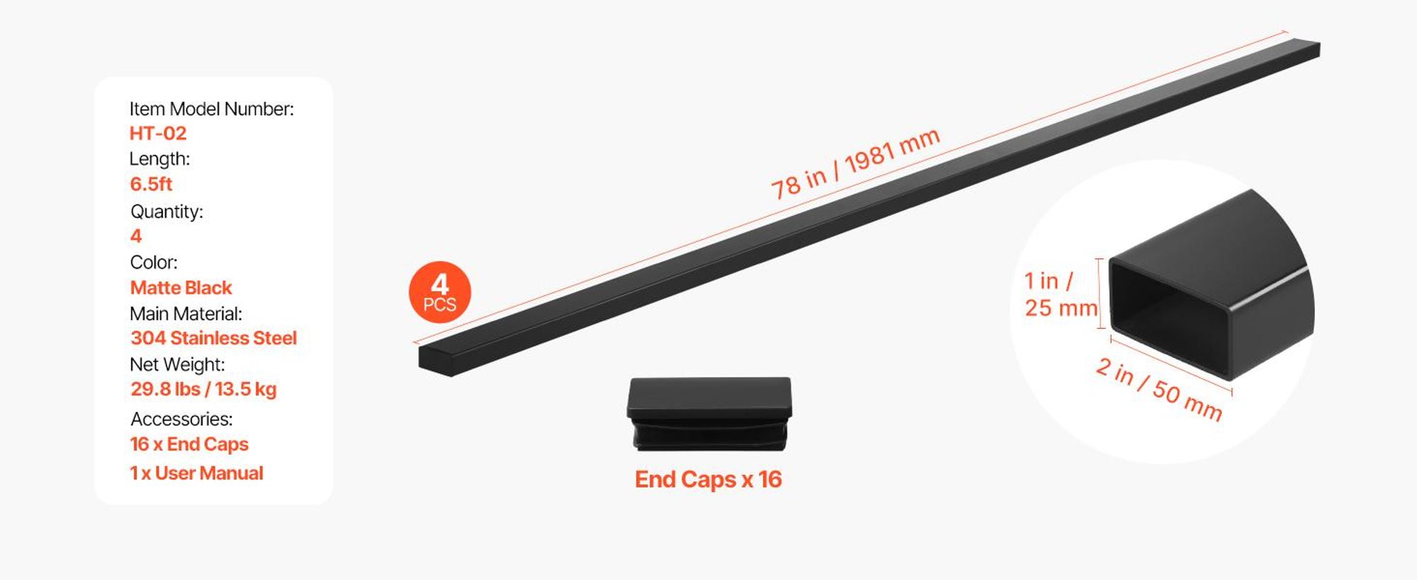 VEVOR Balkon Geländer aus Edelstahl, 4er-Pack, rechteckiger Handlauf für Treppendecks oben für Außen-/Innenstufen mit Endkappe, mattschwarze Beschichtung, Kabelgeländer-Set, 50x25x1981 mm