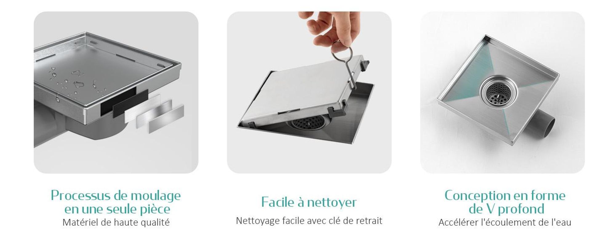 EMKE Siphon de sol en acier inoxydable, angle 152 x 152mm, siphon anti-odeur et tamis à cheveux, set d'écoulement de douche, trou d'écoulement