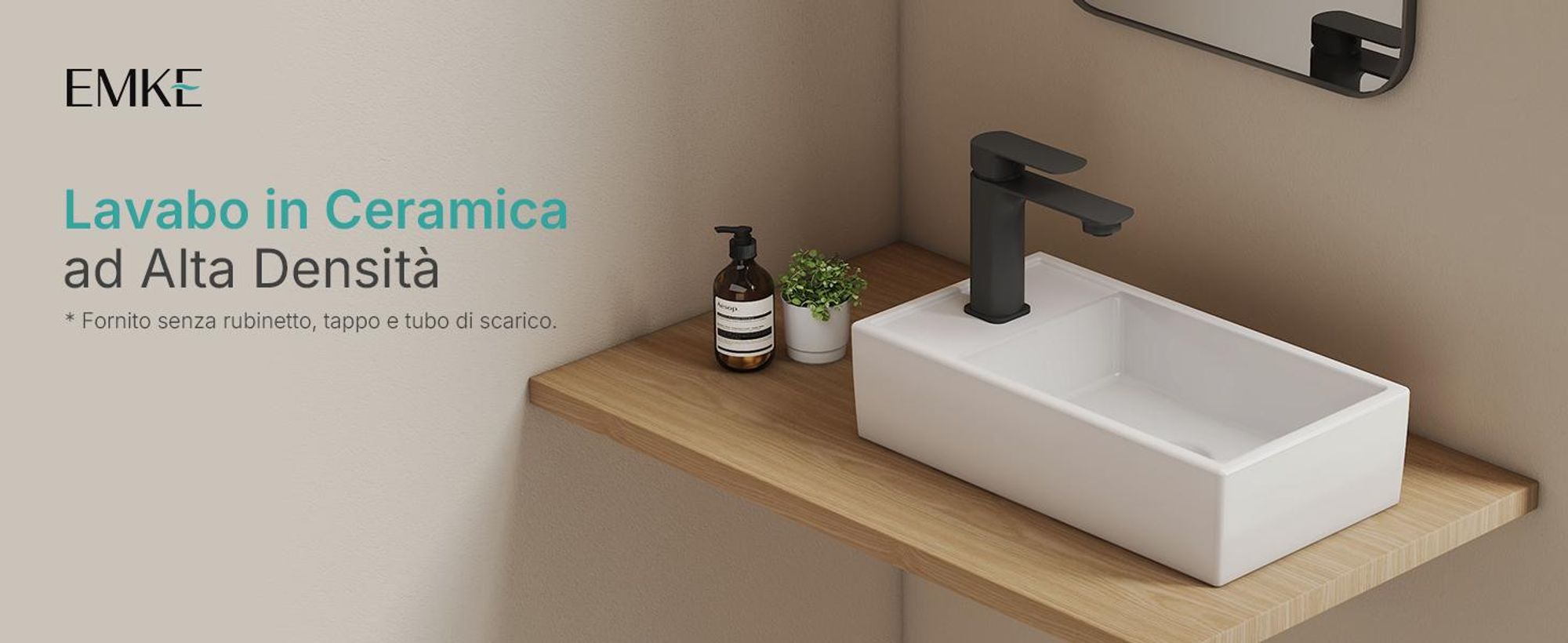 EMKE Lavabo da appoggio in ceramica rettangolare 410x220 mm bianco lucido con foro per rubinetto, design moderno per bagno e WC ospiti
