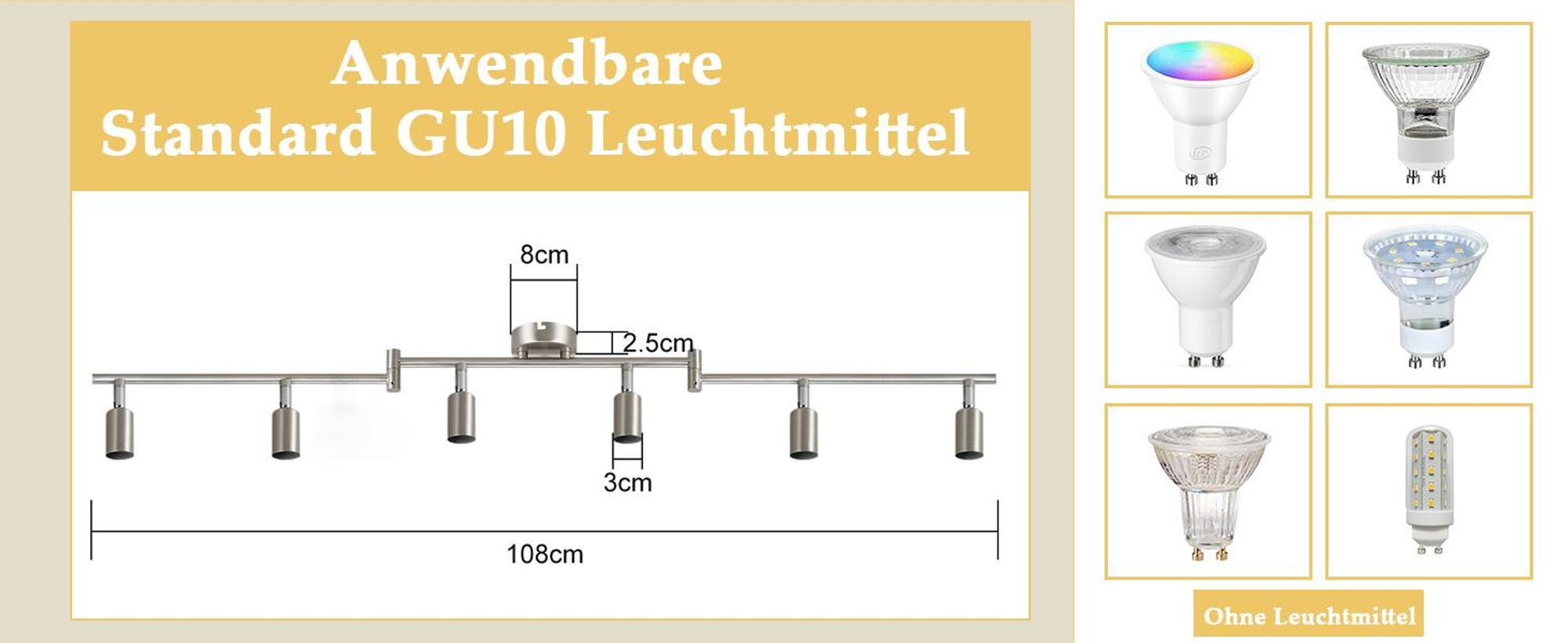 ZMH LED Deckenstrahler 6 Flammig Wohnzimmer - Deckenleuchte Modern Deckenlampe GU10 Deckenspot Schwenkbar 350°Drehbar Spot Strahler Lampe Edelstahl Decke Schlafzimmer innen Ohne Leuchtmittel