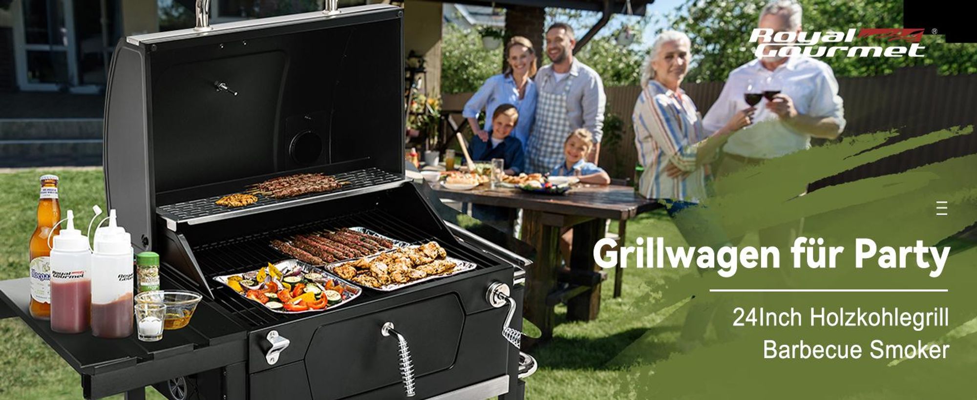24-Zoll-Holzkohlegrill mit Räucherfunktion