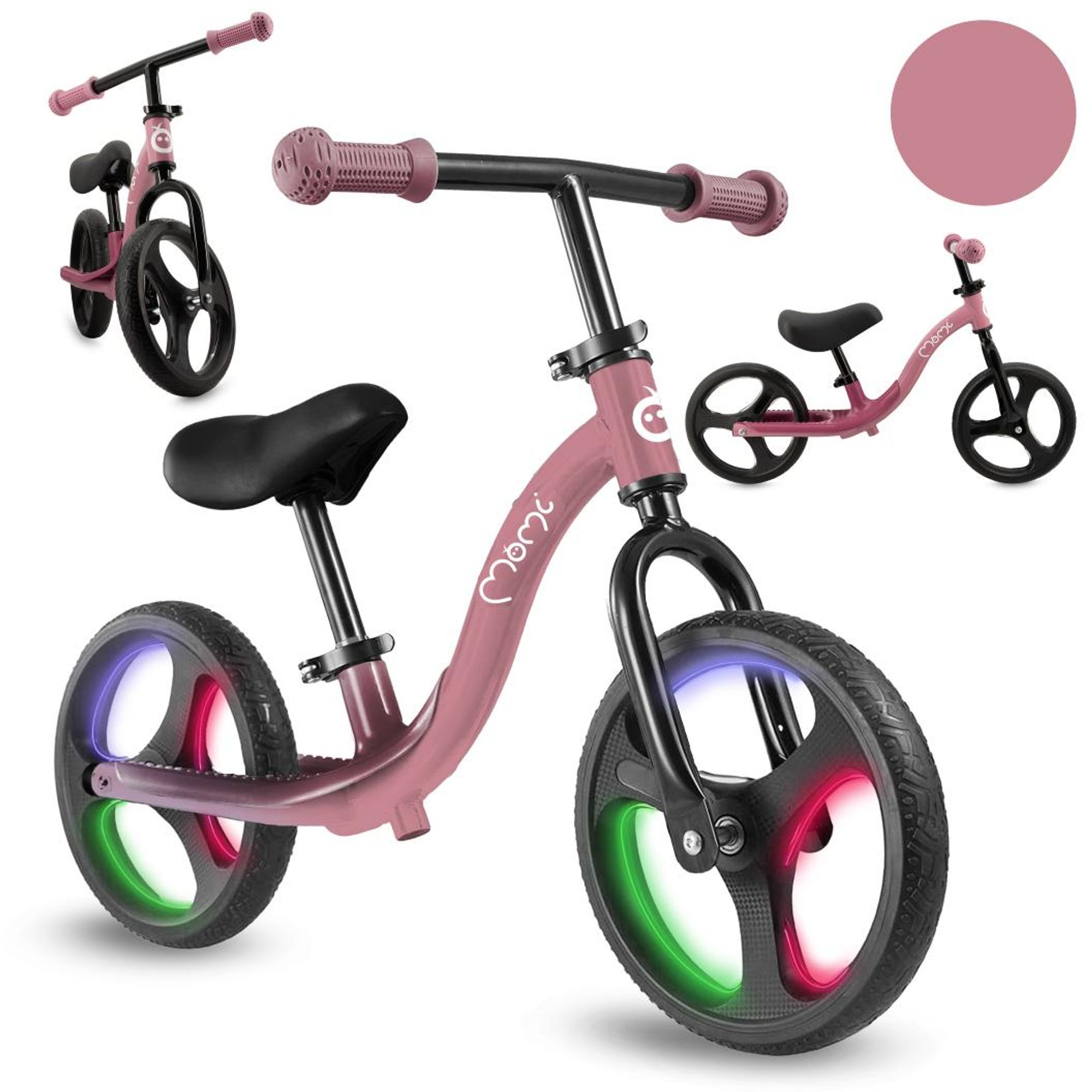 MoMi ISOKA – 10 Zoll Laufrad mit LED-Leuchten (Dynamo), höhenverstellbar ohne Werkzeug, mit Fußstütze, ab 2 Jahren, bis 35 kg – Rosa