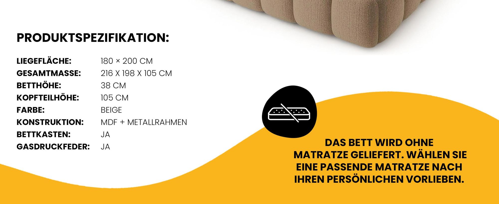 Polsterbett 180x200 - Beige - Bett mit Bettkasten und Lattenrost - Familien Bett - Metallgestell - Gasfedern - Modernes Design - ohne Matratze