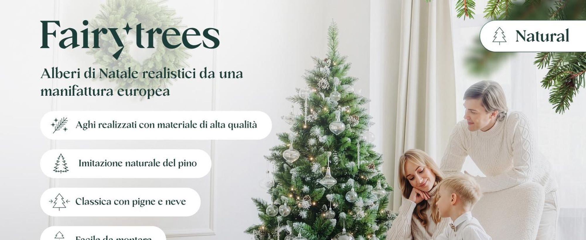 Albero di Natale artificiale FairyTrees 180cm pino naturale con supporto in legno | Abete di Natale con pigne naturali e punte bianche innevate | Facile da Montare | Prodotto in EU