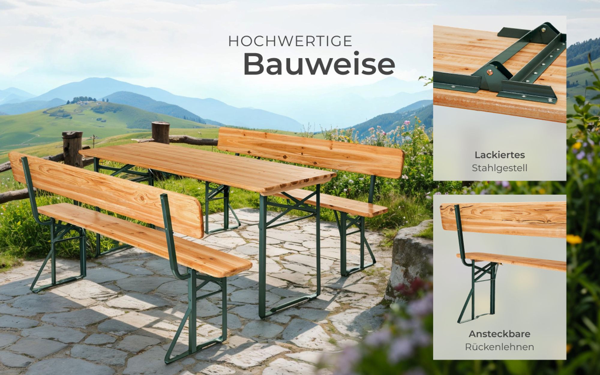 Bierzeltgarnitur 3-teilig klappbar Tannenholz Rückenlehne braun