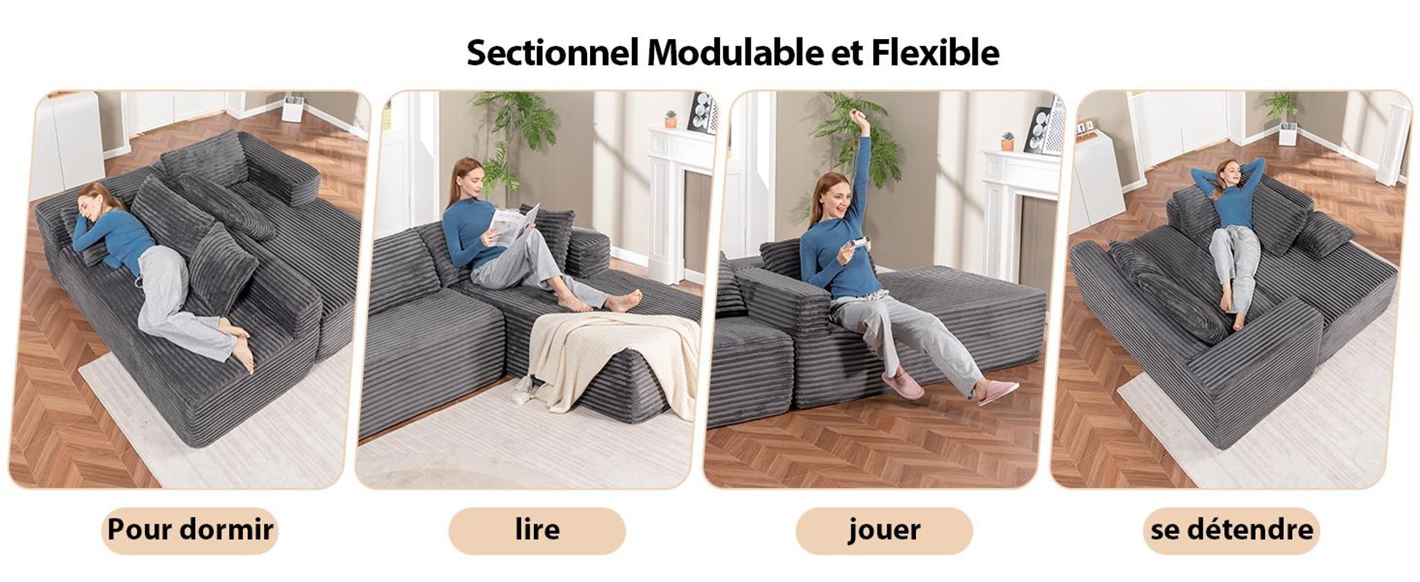 COMHOMA Sofa Big-Sofa, Canapé en L, Canapé d'angle, Chaiselongue Canapé-lit avec assise profonde et larges accoudoirs, tissu velours côtelé gris