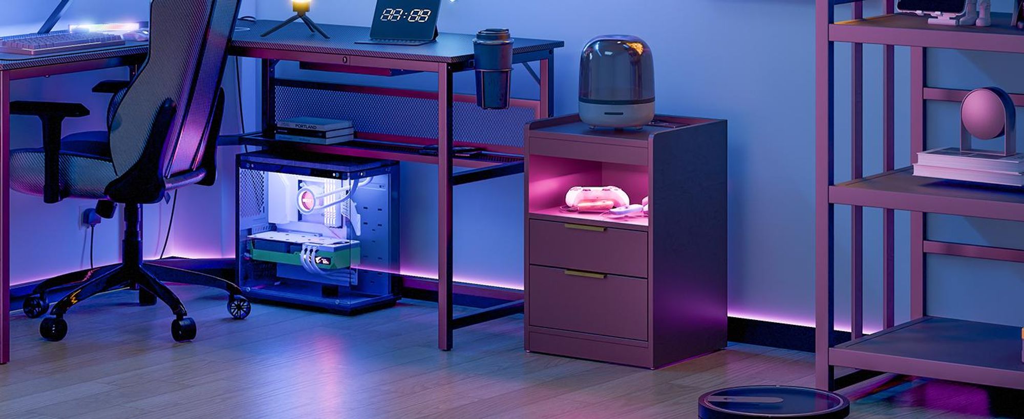 Mondeer Nachttisch mit LED-Beleuchtung & USB-Ladestation, Moderner Beistelltisch mit 2 Steckdosen, Doppel-USB, 3 Schubladen und Staufach Schwarz