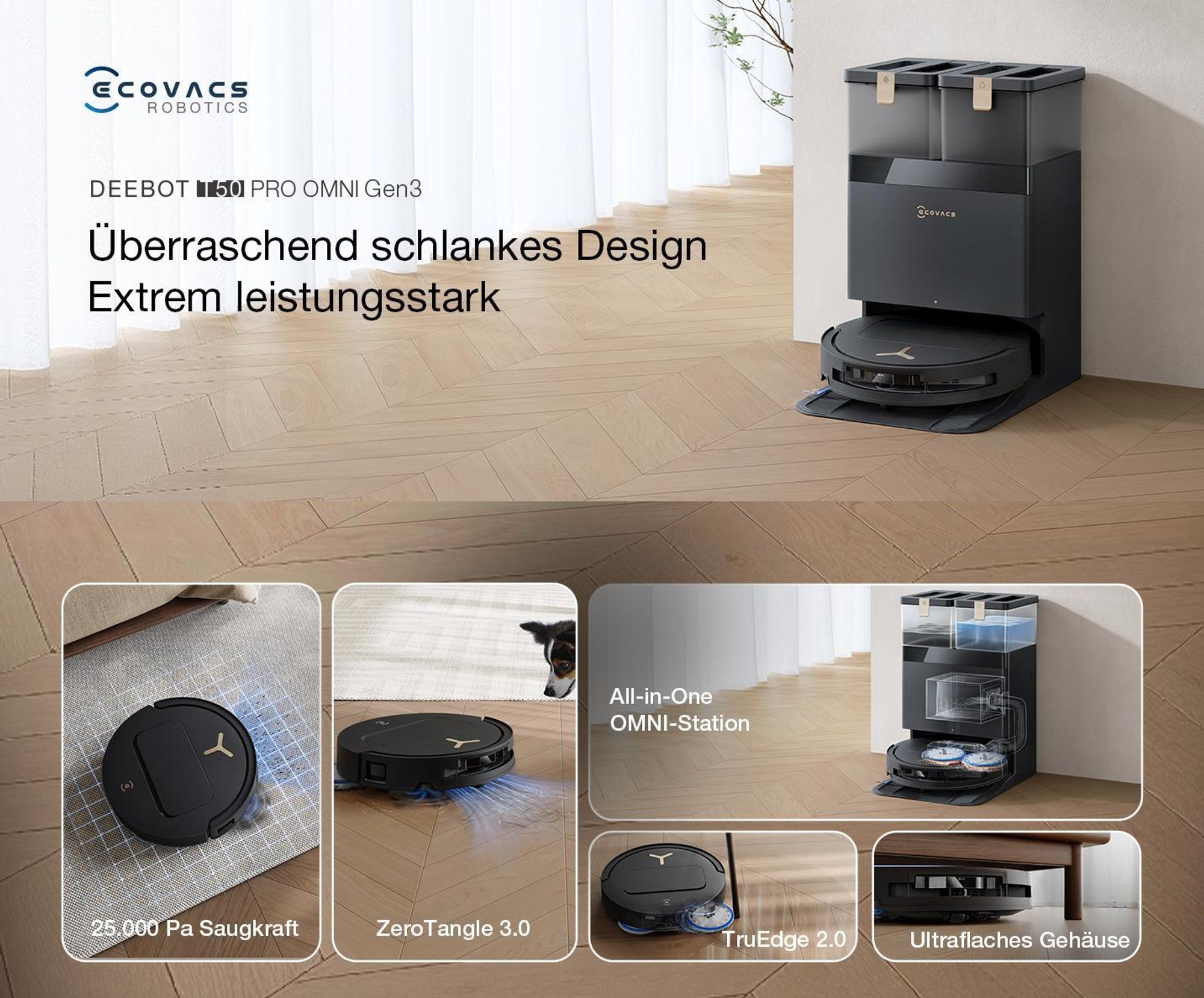 ECOVACS DEEBOT T50 PRO Omni Gen3 Care kit Staubsauger Roboter mit Wischfunktion (Enthält 2 zusätzliche Wischpads, 3 Filter und 3 Staubbeutel) Schwarz