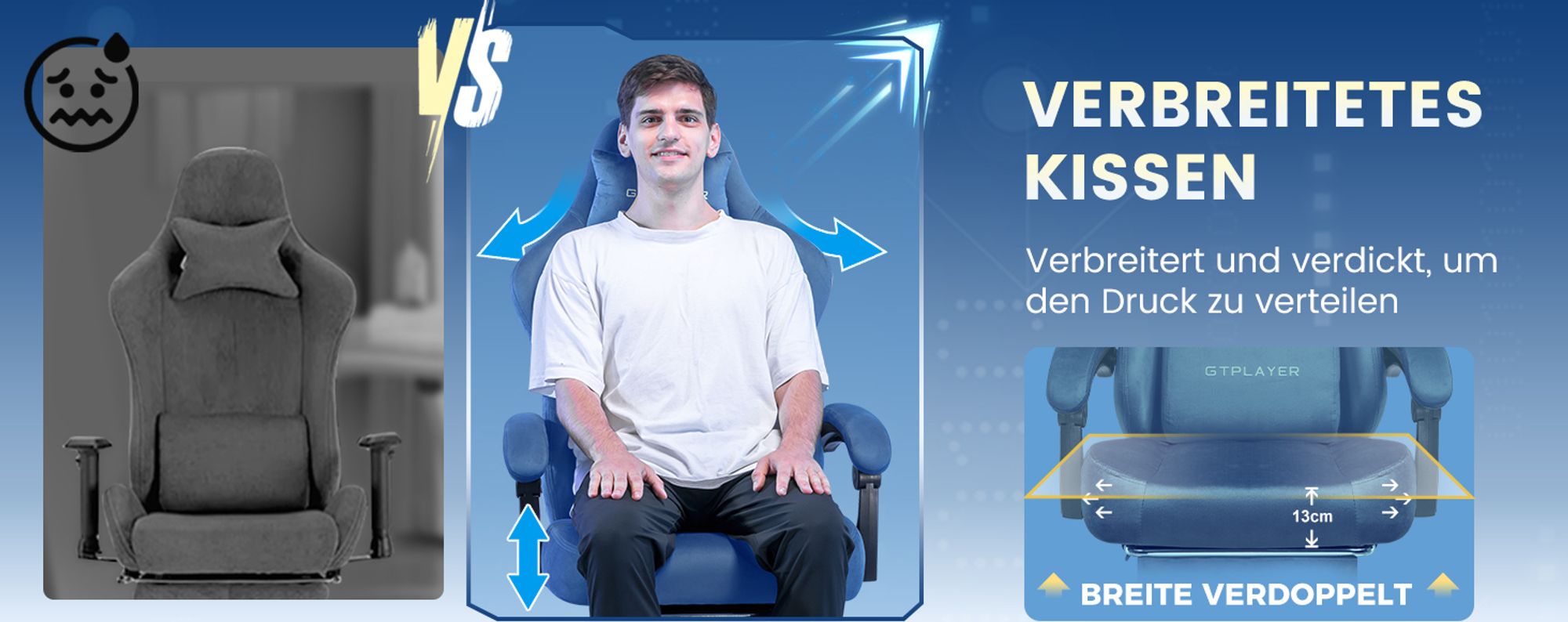 GTPLAYER Gaming Stuhl Ergonomischer Gaming Sessel Schreibtischstuhl Bürostuhl mit Stoffoberfläche Federsitzkissen, Verbindungsarmlehnen, mit Fußstütze