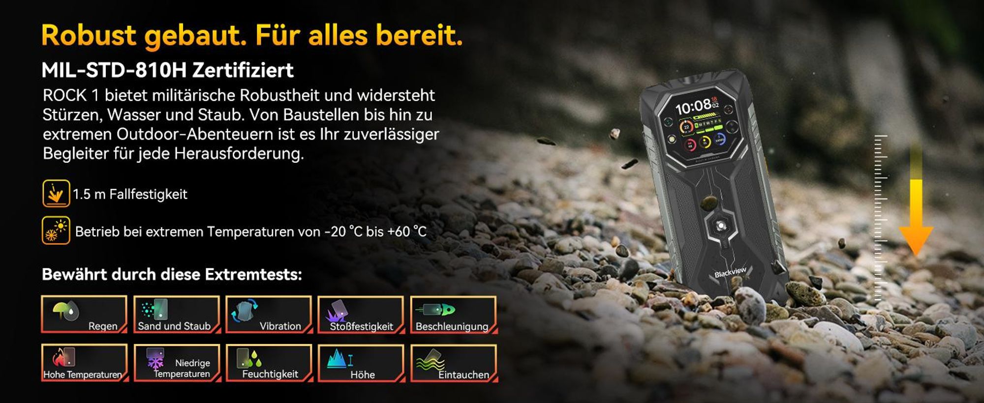 Blackview ROCK 1 Militärisches Outdoor-Smartphone mit Dual-Display Smartphone Android 16, Helio G81, 15000mHA, 33W Schnellladung, Face ID