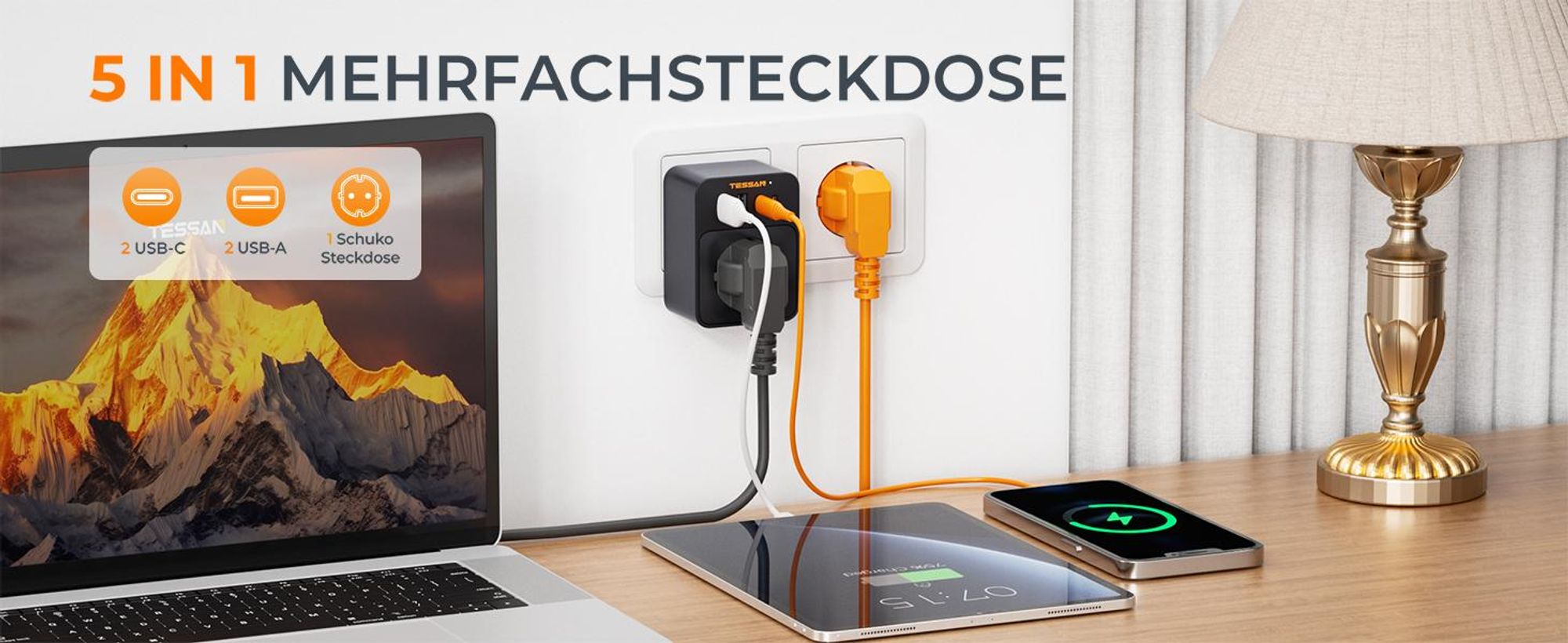 TESSAN Steckdose Schutzadapter 3600W mit 2 USB-C und 2 USB-A für Heimoffice kompakter Mehrfachadapter Stecker Schwarz